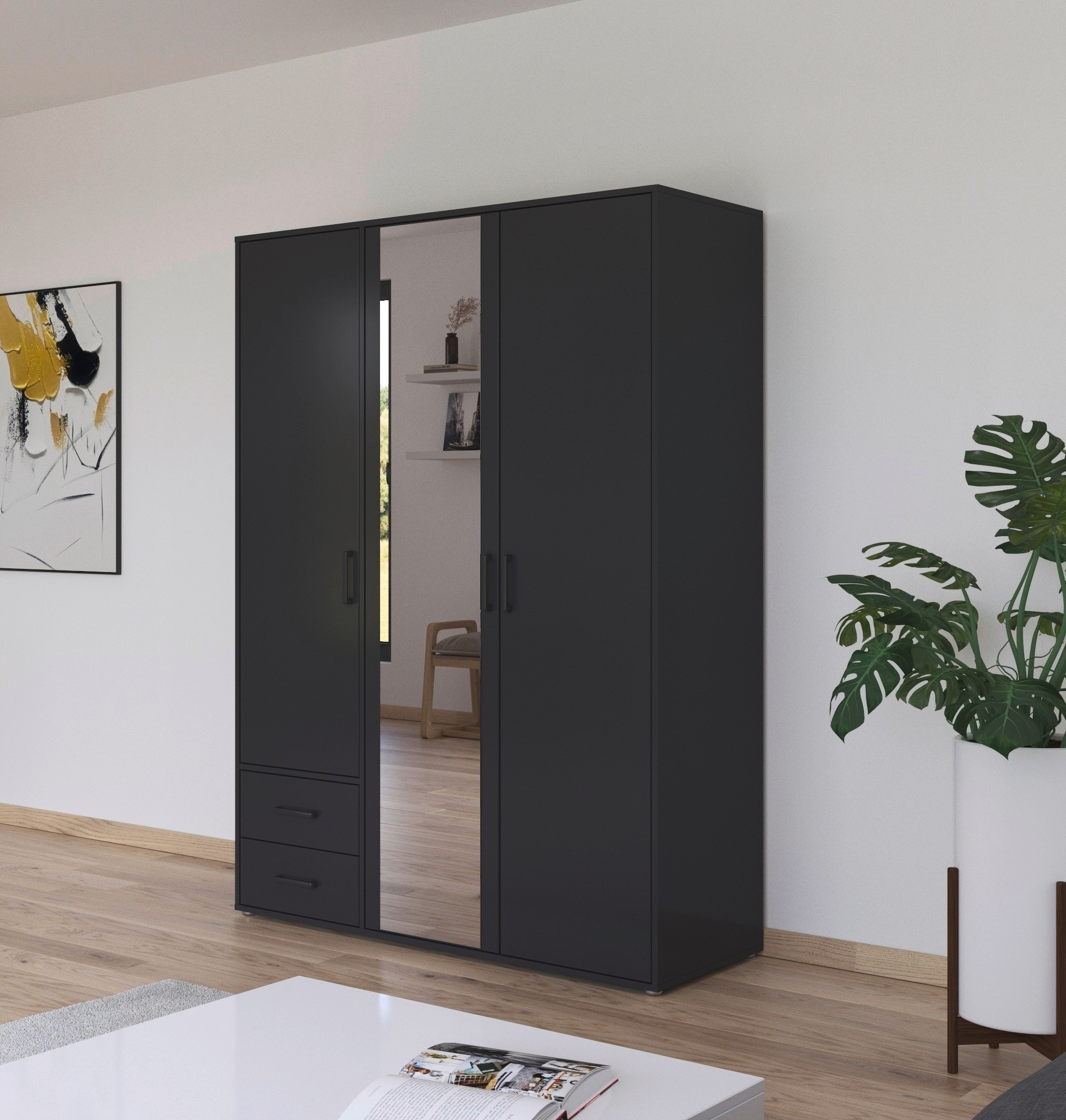 rauch Drehtürenschrank »Kleiderschrank Schrank Garderobe Wäscheschrank VOYAGER«, (in 3 verschiedenen Ausstattungen BASIC/CLASSIC/PREMIUM), mit modernen Griffen in Graumetallic, inkl. Schubkästen und Spiegel