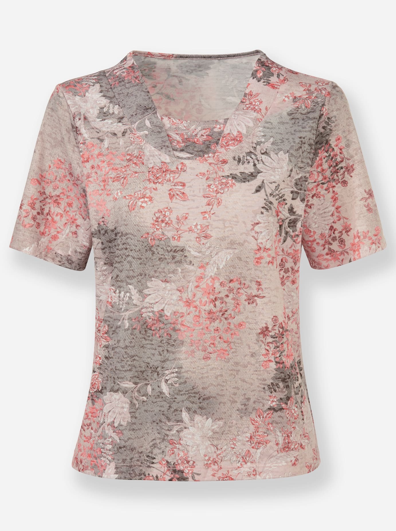 Kurzarmshirt CLASSIC "Shirt", Damen, Gr. 40, rosa (flamingo, grau, bedruckt), 70% Polyester, 30% Viskose, eckiger Ausschnitt, Shirts 3
