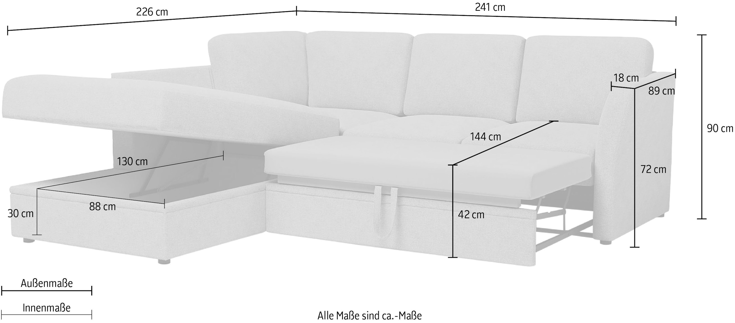 Home affaire Ecksofa »Lavars, L-Form, Schlafsofa«, mit Bettfunktion und Stauraum, in zwei verschiedenen Bezugsqualitäten