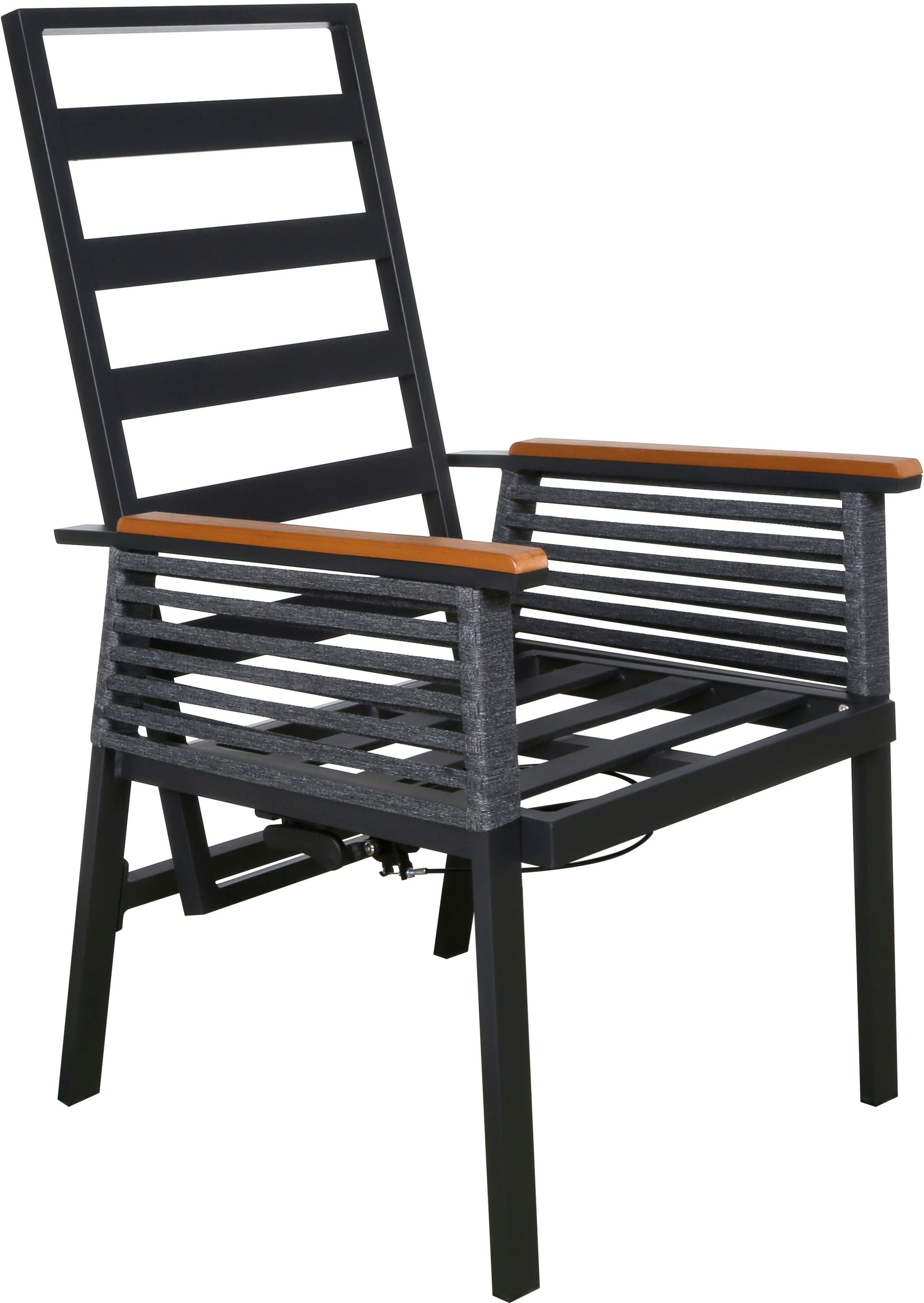 KONIFERA Garten-Essgruppe »Edessa Komfort«, (Set, 17 tlg., 8x Stuhl mit Rückenverstellung, 1x Tisch 220x97x74 cm, inkl. Auflagen), Tischplatte aus Alu-Lamellen,Armlehne mit Seilgeflecht&Noonwood-Latten