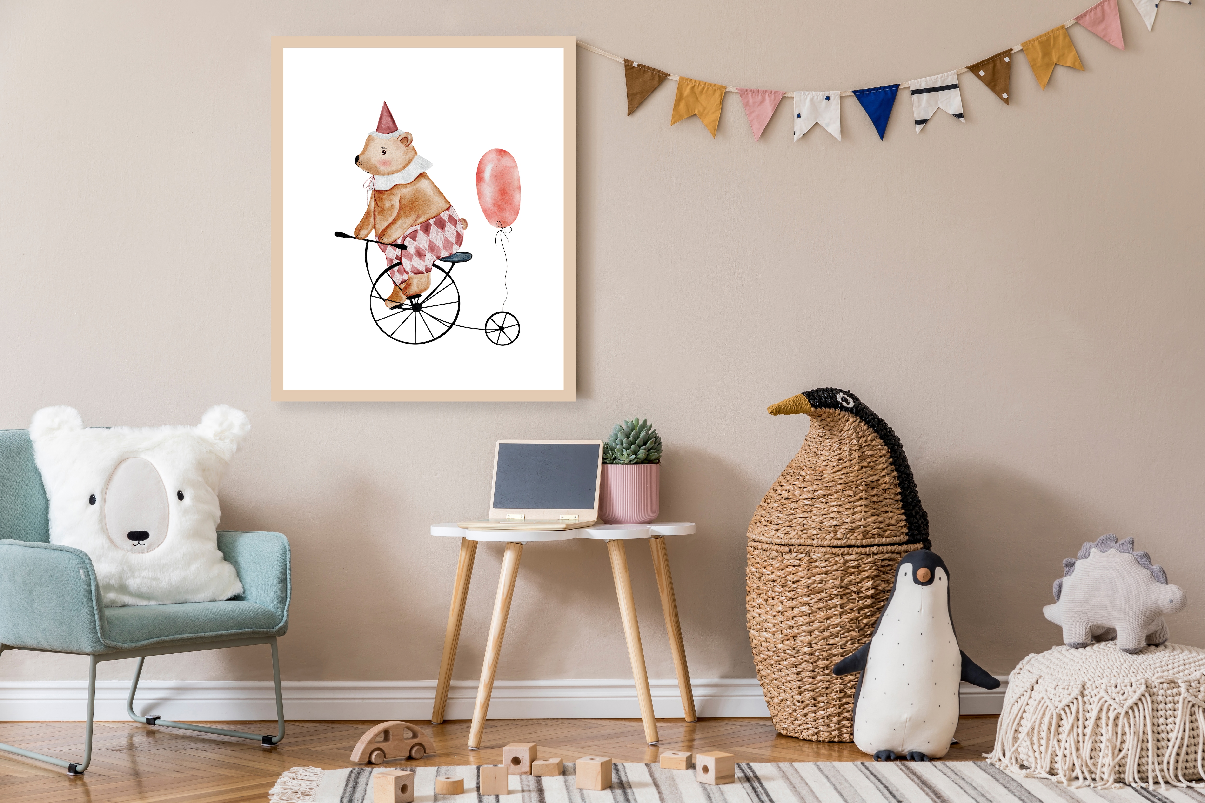 Lüttenhütt Bild mit Rahmen "oder Poster, Bär mit Luftballon" Bär Fahrräder Fantasy Karneval Luftballon Tiere 1 Stk. tlg. HD Premium Druck