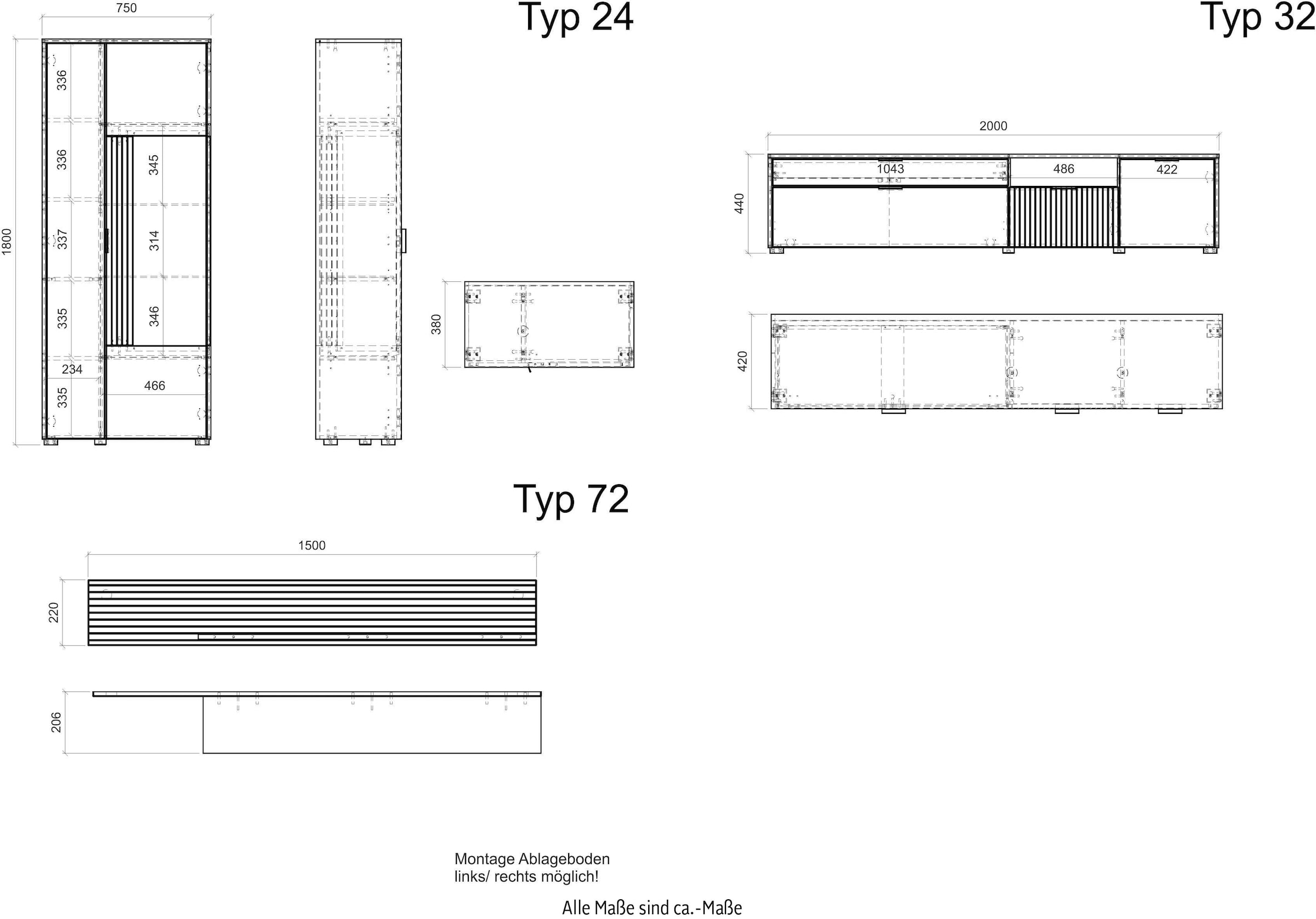 INOSIGN Wohnwand »HUDSON«, (Set, 3 St.), mit moderner Rillenoptik, Griffe aus Metall (Schwarz), Breite 285 cm