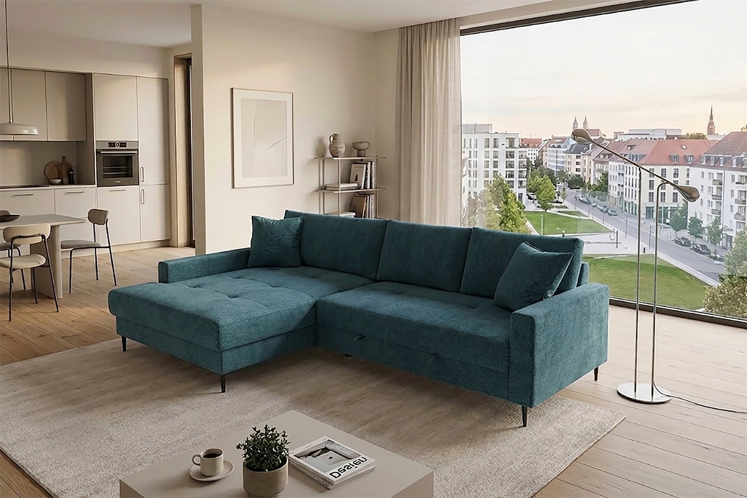 Trends by HG Ecksofa "Summer L-Form, B: 284 cm, Schlaffunktion, 2 Zierkissen" optional mit Kopfstützen, Wellenfederung, frei stellbar