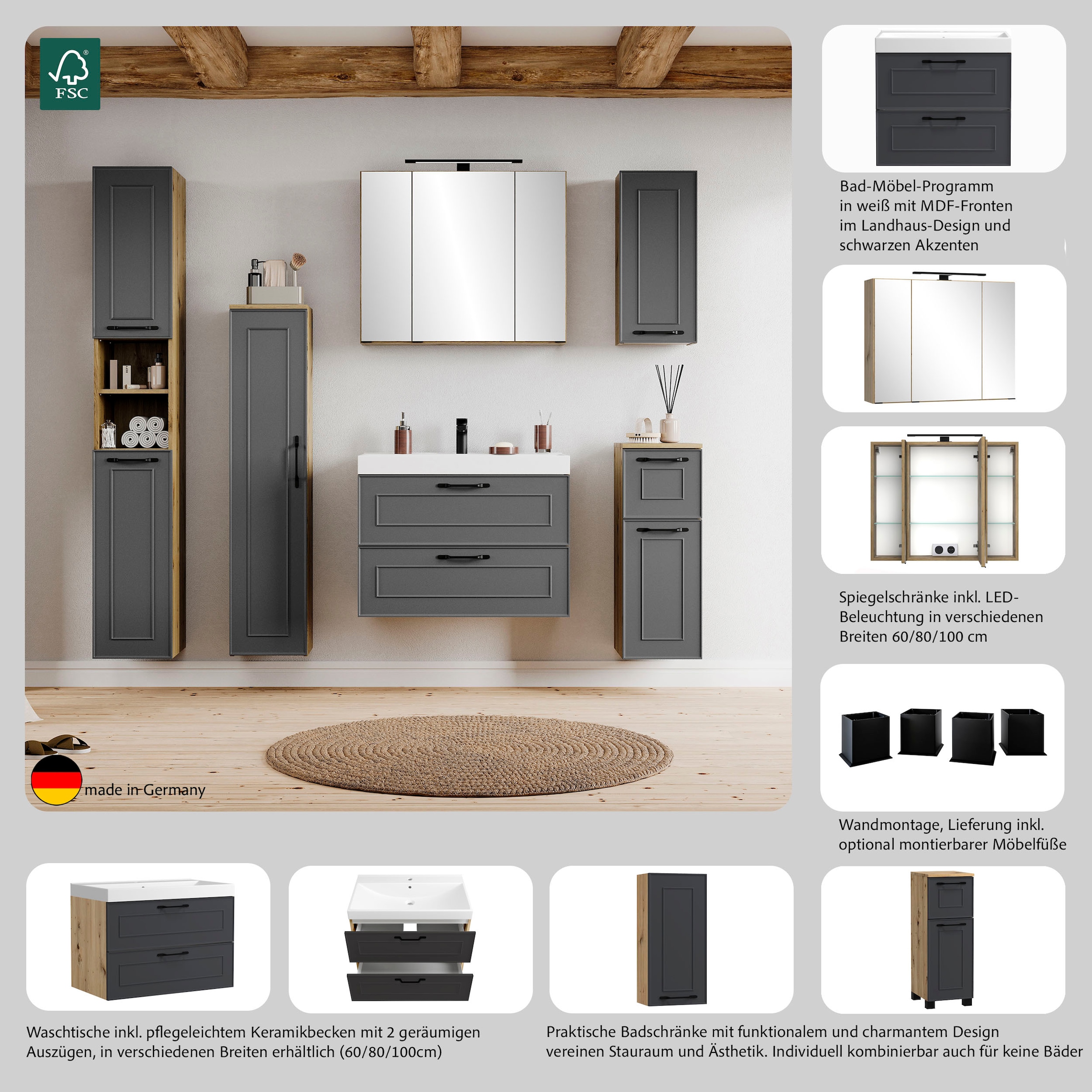 welltime Waschtisch »CADIZ, Waschtisch« matt grau, Landhaus-Optik, schwarze Aktzente