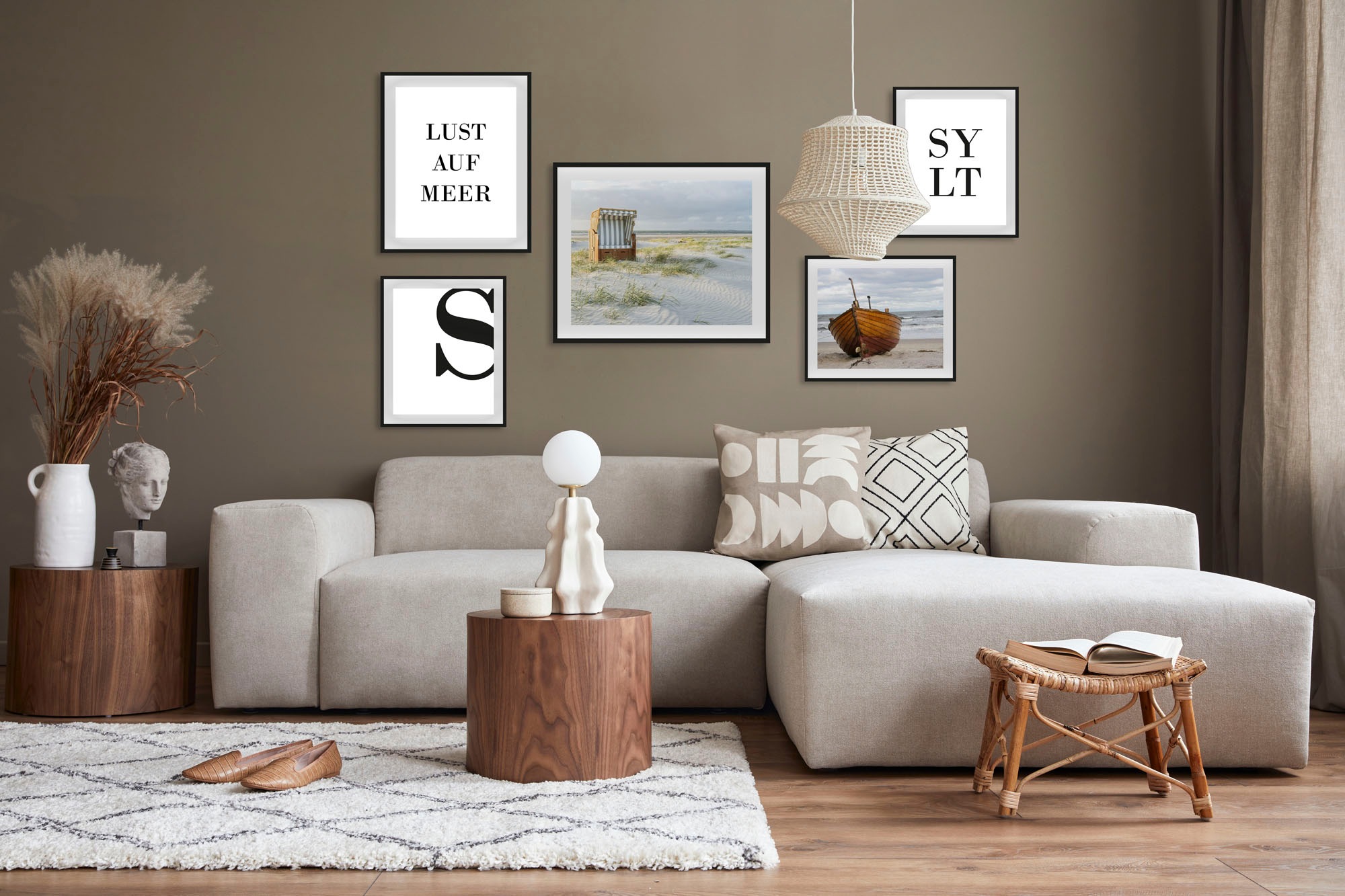 queence Bild »Lust auf Meer und Sylt«, Strand-Deutschland-Schriftzug-Meer-Meer Bilder-Schiffe-Bilder von Booten & Schiffen, (5 St.), HD Premium Poster-Druck inkl. Holzrahmen - 5er Set