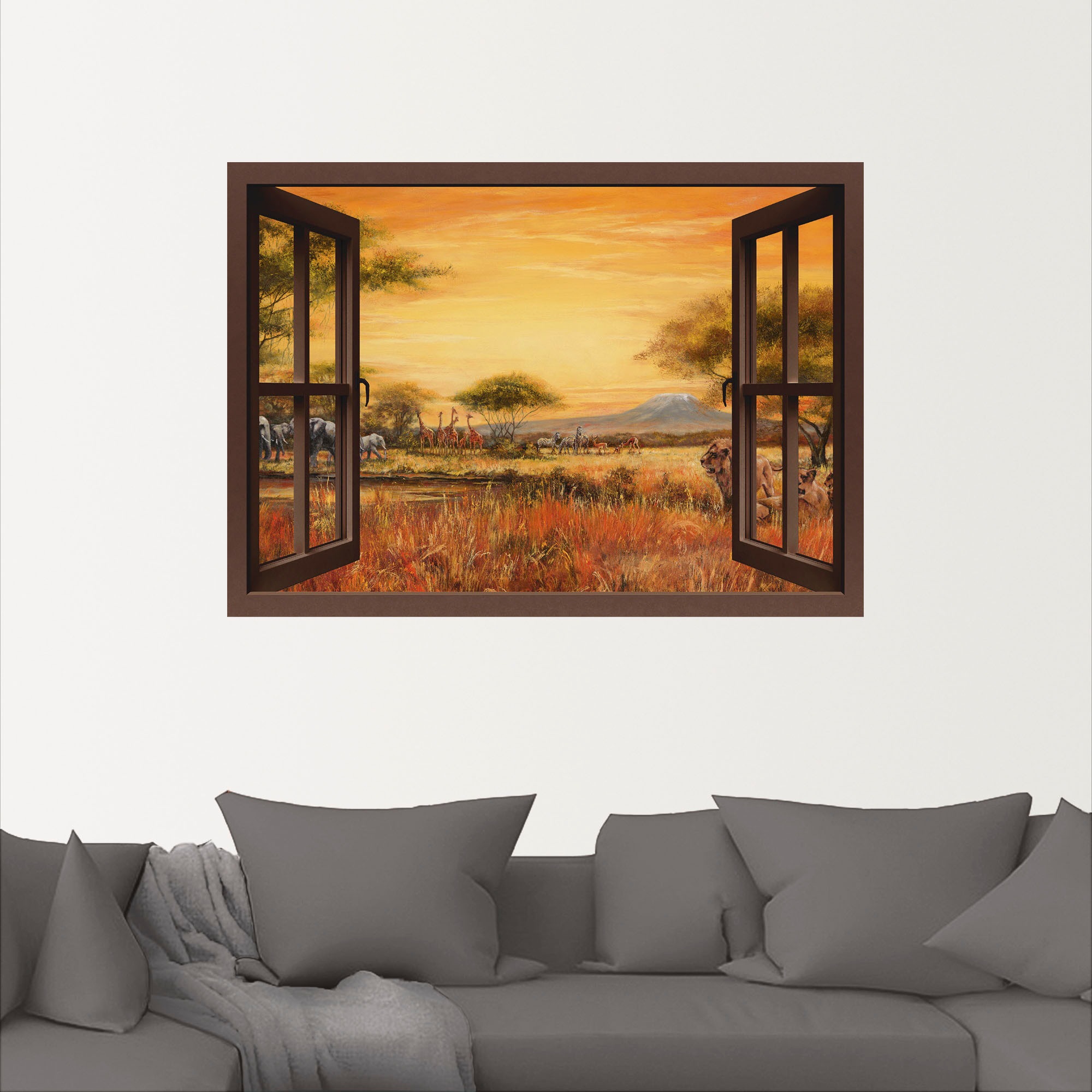 Artland Wandbild »Fensterblick Afrikanische Steppe Löwen«, Fensterblick, (1 St.), als Leinwandbild, Wandaufkleber in verschied. Größen