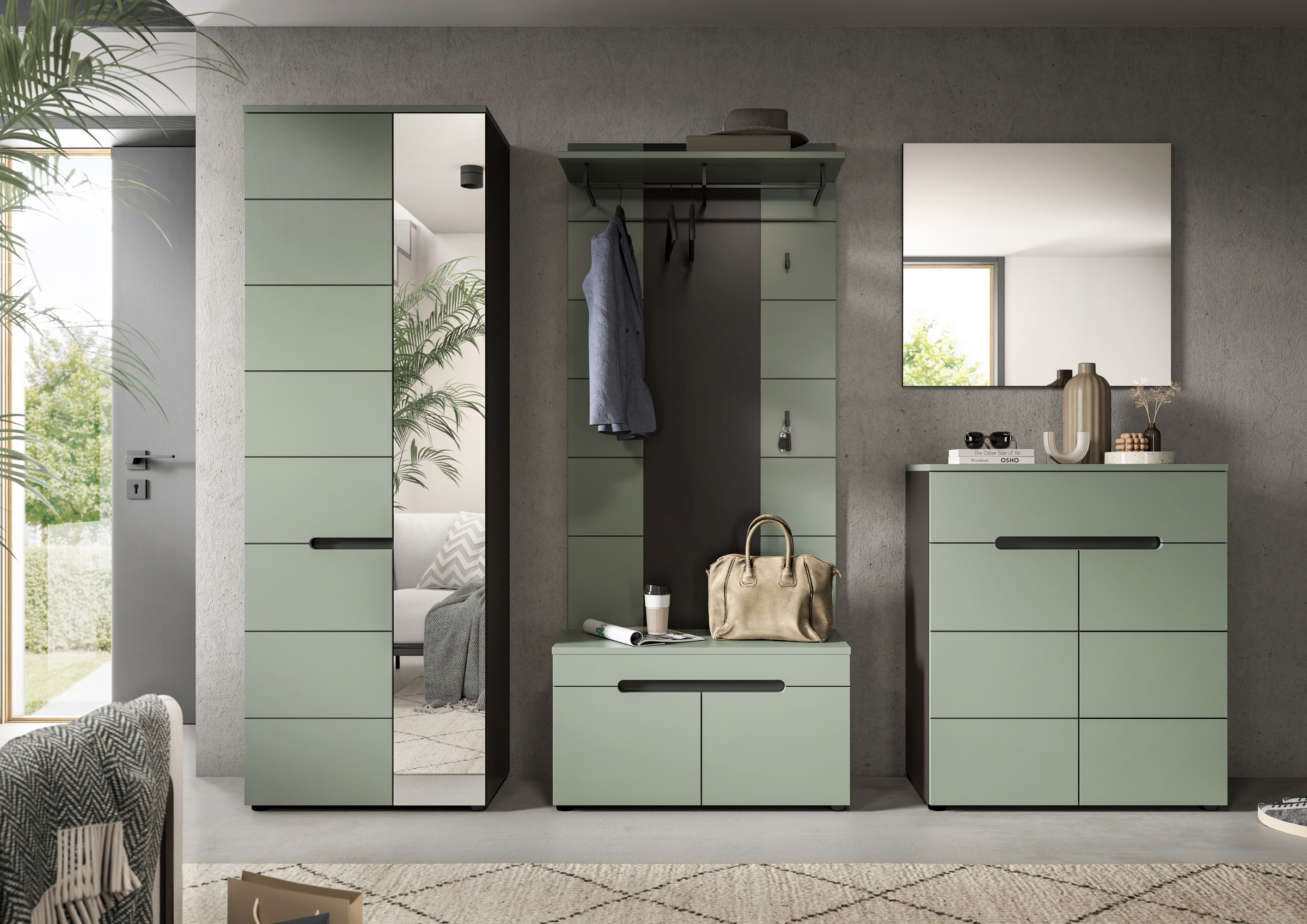 INOSIGN Garderoben-Set, (Set, 5 St., bestehend aus: Garderobenschrank, Sitzbank, Paneel, Spiegel, Kommode), Garderobenkombination, Kombination, Set, Flurgarderobe, Diele