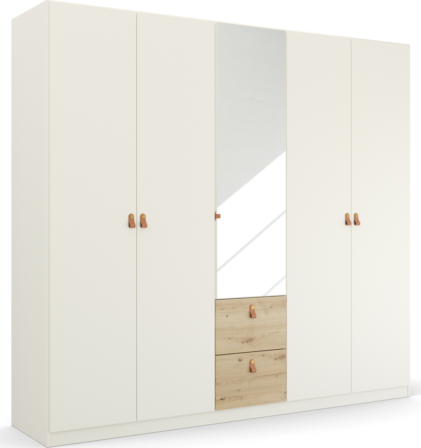 rauch "Kleiderschrank Schrank Garderobe Ankleide HOMEY BY QUADRA SPIN" Breiten: 181/226/271 cm, Höhe 210 cm, mit cognacbraunen Ledergrifflaschen, Schubladen in Eichen-Dekor