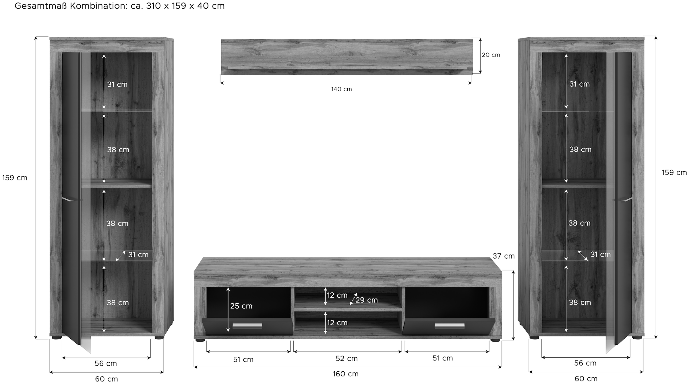 INOSIGN Wohnwand »Aosta, Breite 310cm, best. aus: 2x Vitrine, Lowboard, Wandboard«, Wohnwand, Kombination, Anbauwand, Möbel Set, Schrankwand, Möbel Kombi