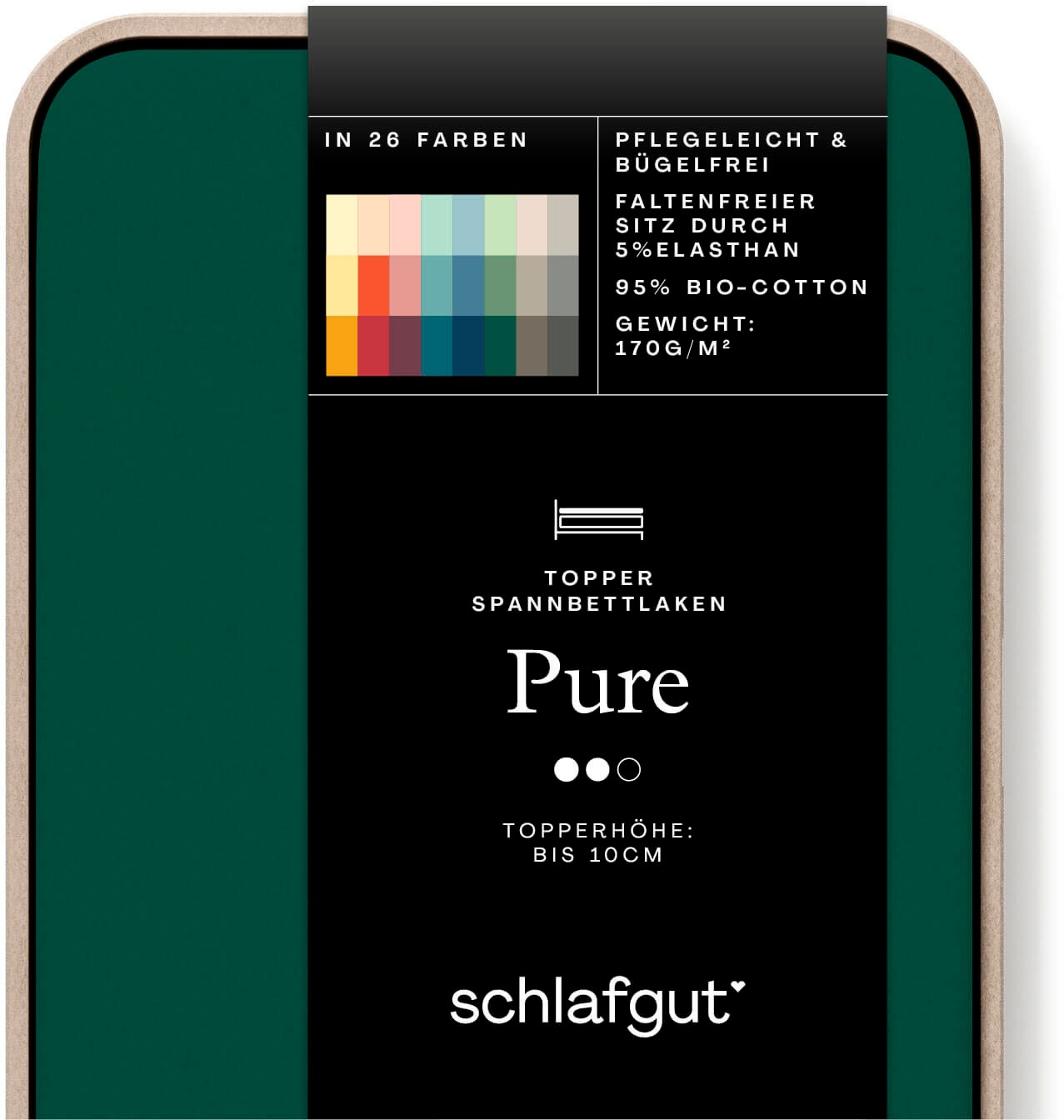 Schlafgut Spannbettlaken "PURE TOPPER Bio-Baumwolle mit Elasthan 170 g/m² für Topper bis 10 cm" PREMIUM Laken für Matratzen bis 10 cm Höhe, dehnbar, blickdicht