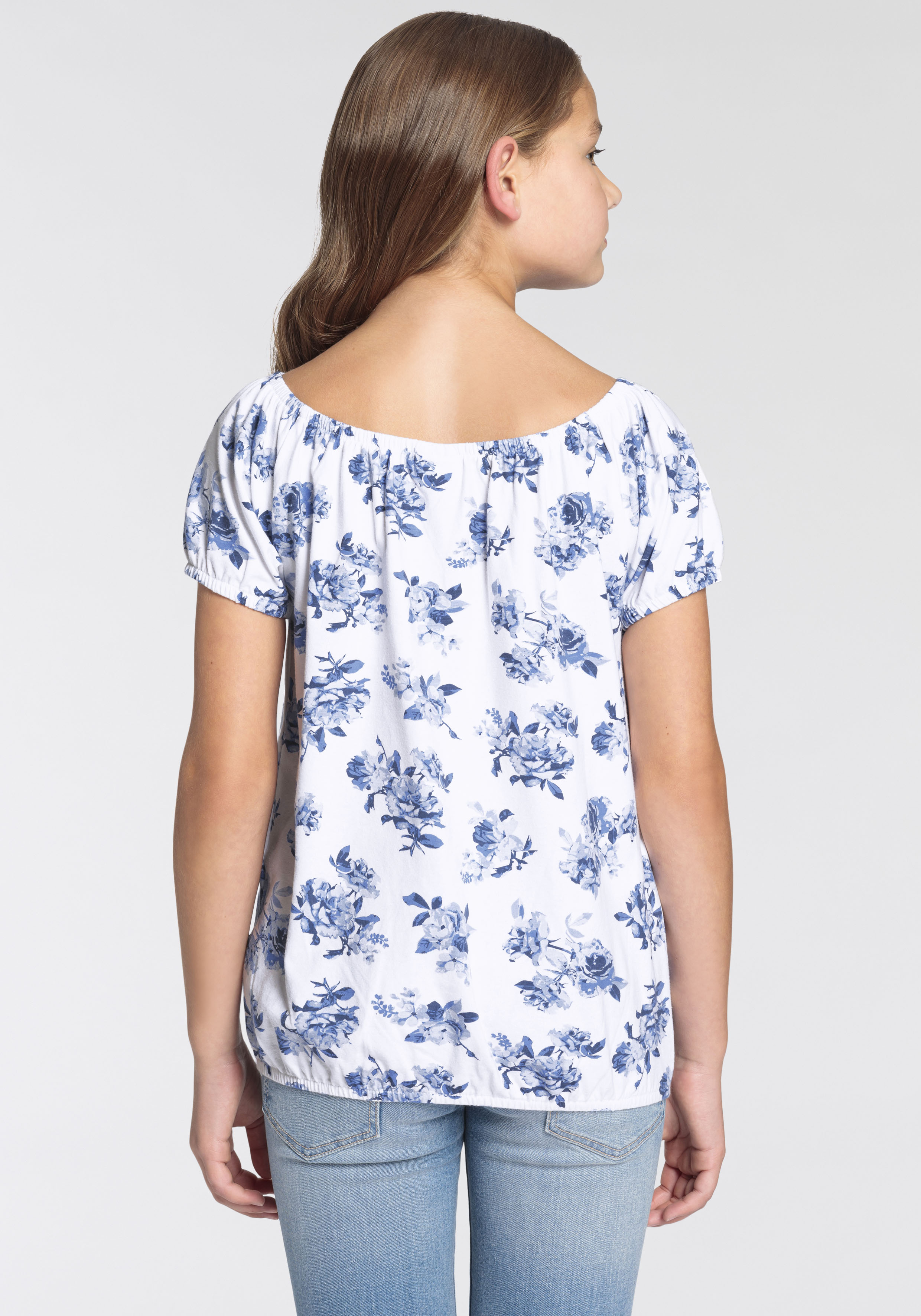 Thumbnail - KangaROOS Carmenshirt "Kangaroos Mädchen" Kurzarm, dynamische Passform, Allover-Druck, Carmenausschnitt