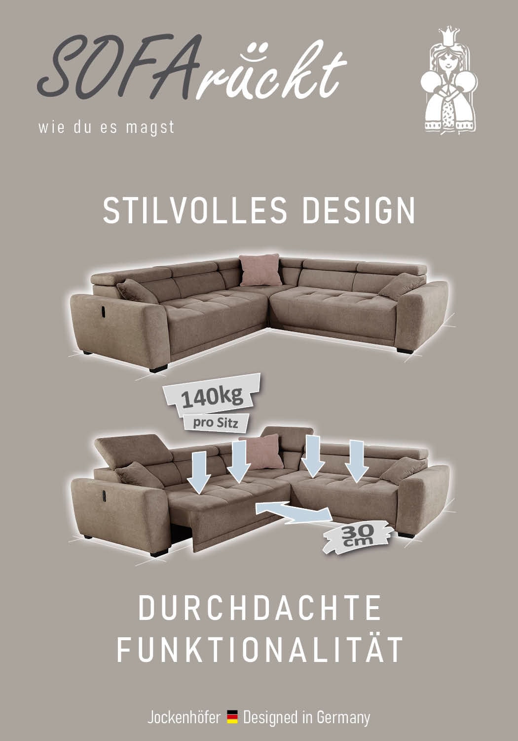 Jockenhöfer Gruppe Wohnlandschaft »Monza L-Form, B: 292x292 cm, mit 30 cm elektr. Sitztiefenverstellung« 140kg Belastbarkeit je Sitz, Kopfteilverstellung & USB-Anschluss