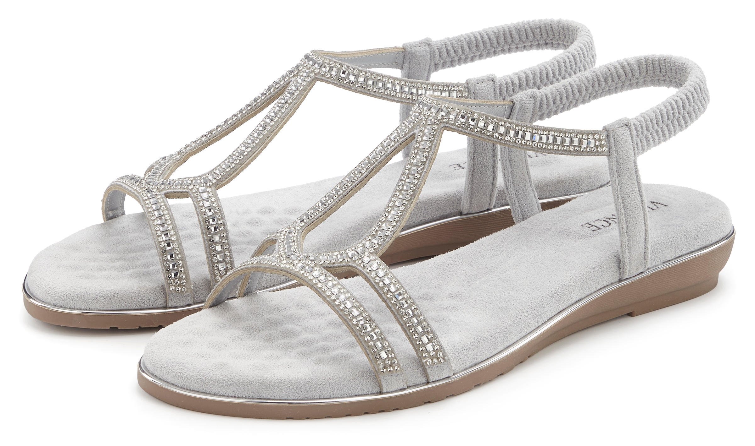 Sandale VIVANCE "Sandalette, Sommerschuh", Damen, Gr. 37, silber (silberfarben), Obermaterial: 100% Lederimitat. Decksohle: 100% Lederimitat. Futter: 100% Lederimitat. Laufsohle: 100% Synthetik, Glitzer, Schuhe Sandale, mit Glitzer Verzierungen und elasti