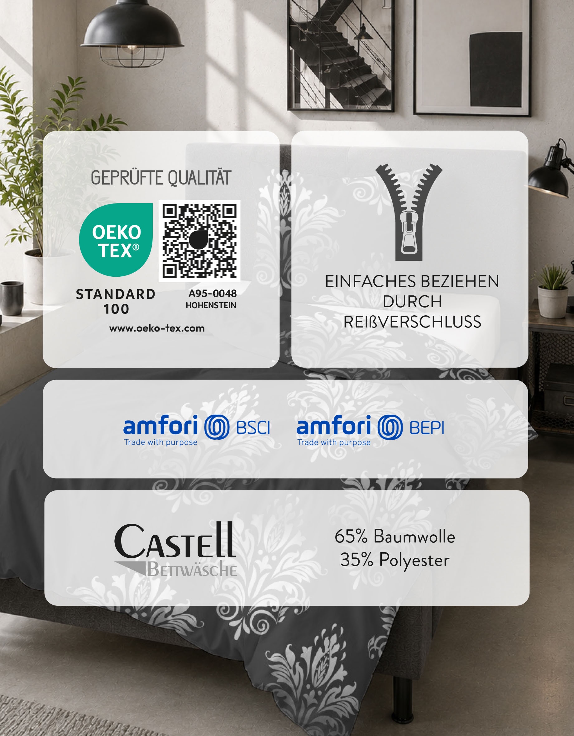 Castell - Markenbettwäsche Bettwäsche »0350368 Polycotton-Biber Bettwäsche 65% Baumwolle, 25% Polyester« 2 wärmend weich, Reißverschluss, Winterbettwäsche, Damast-Muster
