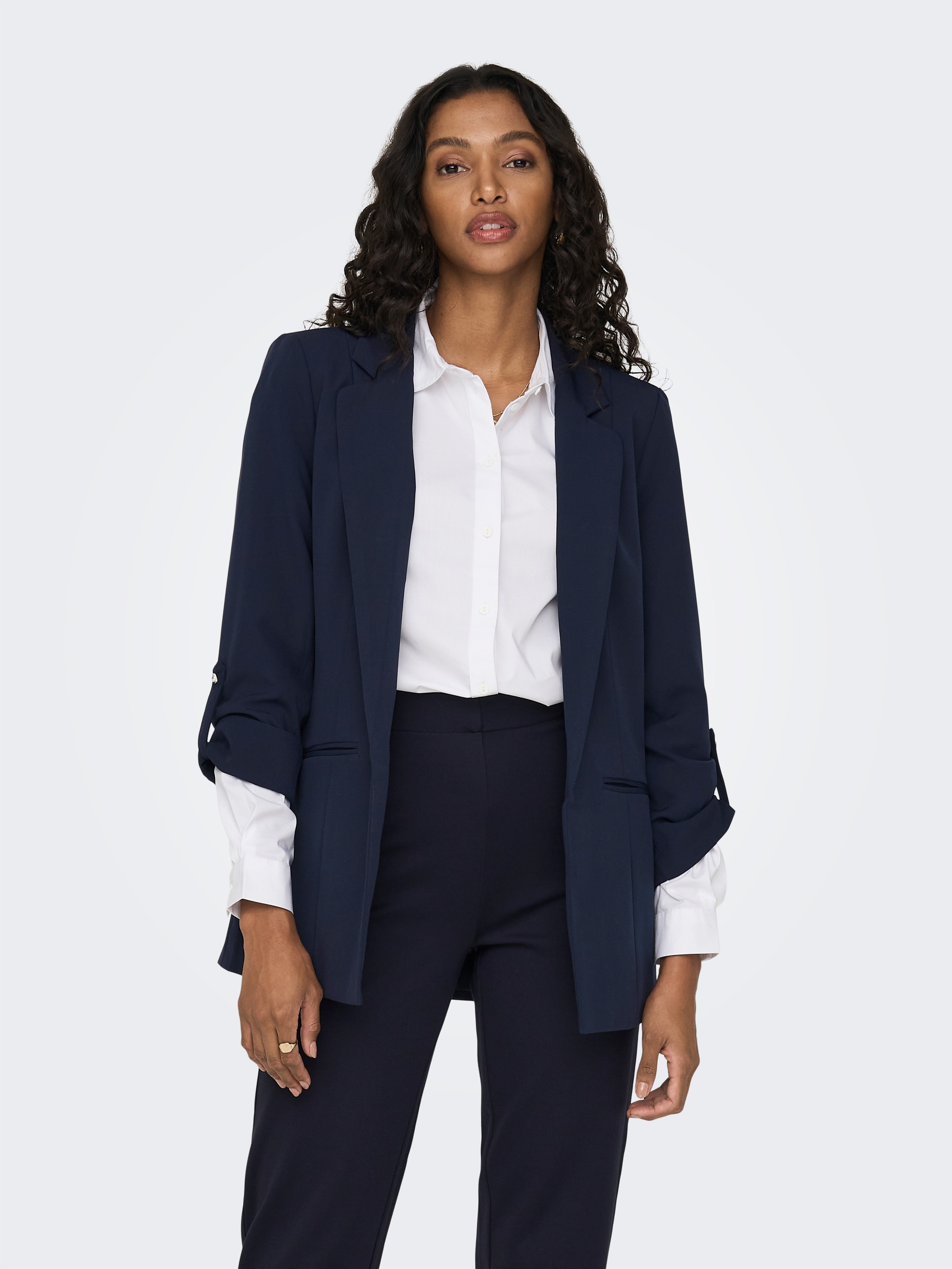 Kurzblazer ONLY "ONLKAYLE-ORLEEN 3/4 BLAZER TLR NOOS", Damen, Gr. 38M, blau (night sky), Web, Obermaterial: 92% Polyester, 8% Elasthan, unifarben, regular fit normal, Blazer Kurzblazer, Materialmix, regular fit