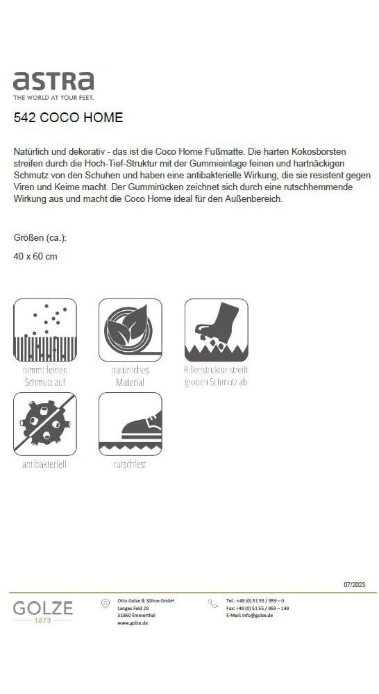 ASTRA Fußmatte »CocoHome1«, rechteckig, 16 mm Höhe, kokos, Türmatte, Hoch Tief Struktur, wetterfest, rutschfest