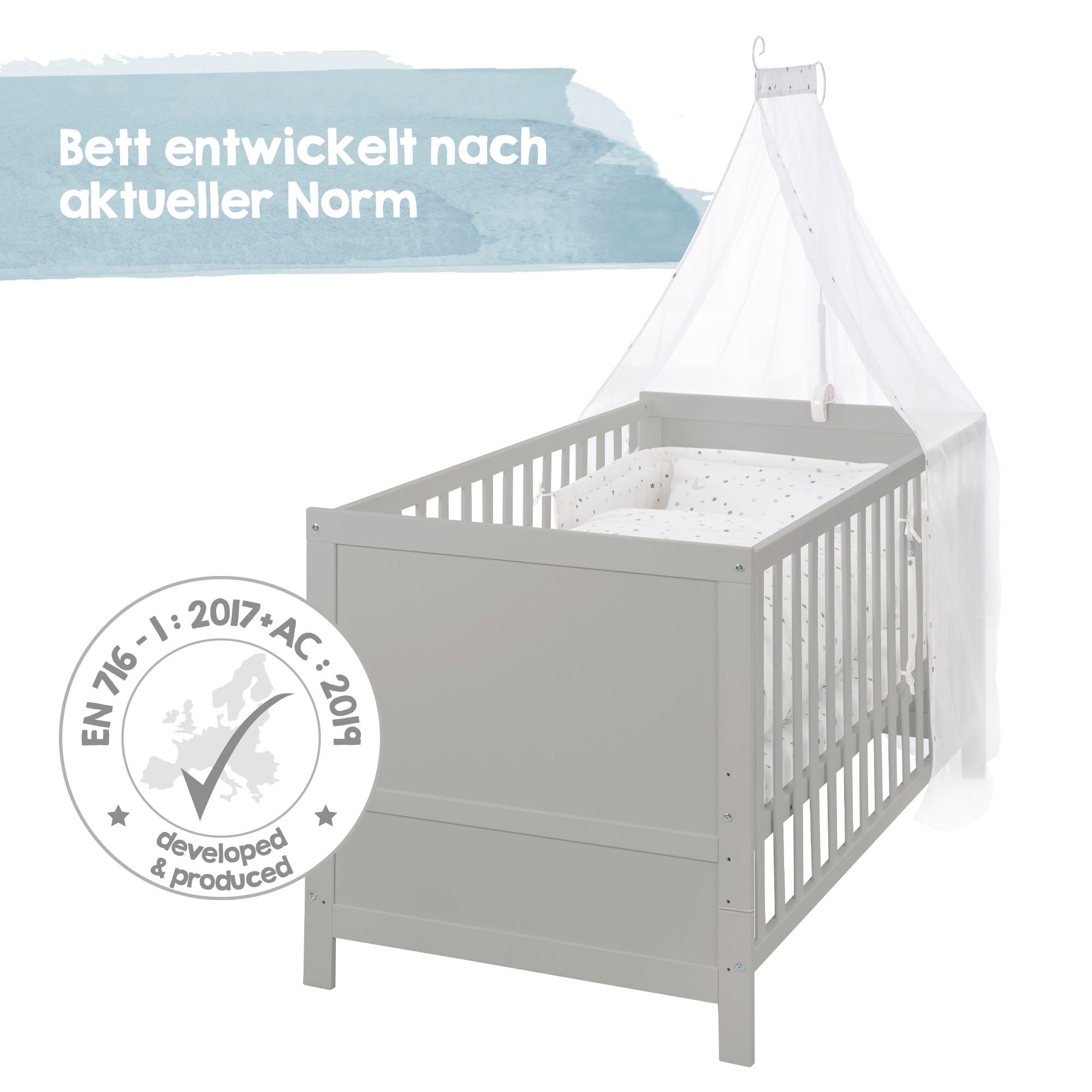 roba® Komplettbett »Sternenzauber, taupe«, (7 tlg.), inkl. Babybett, Matratze, Lattenrost, Himmelstange mit Himmel