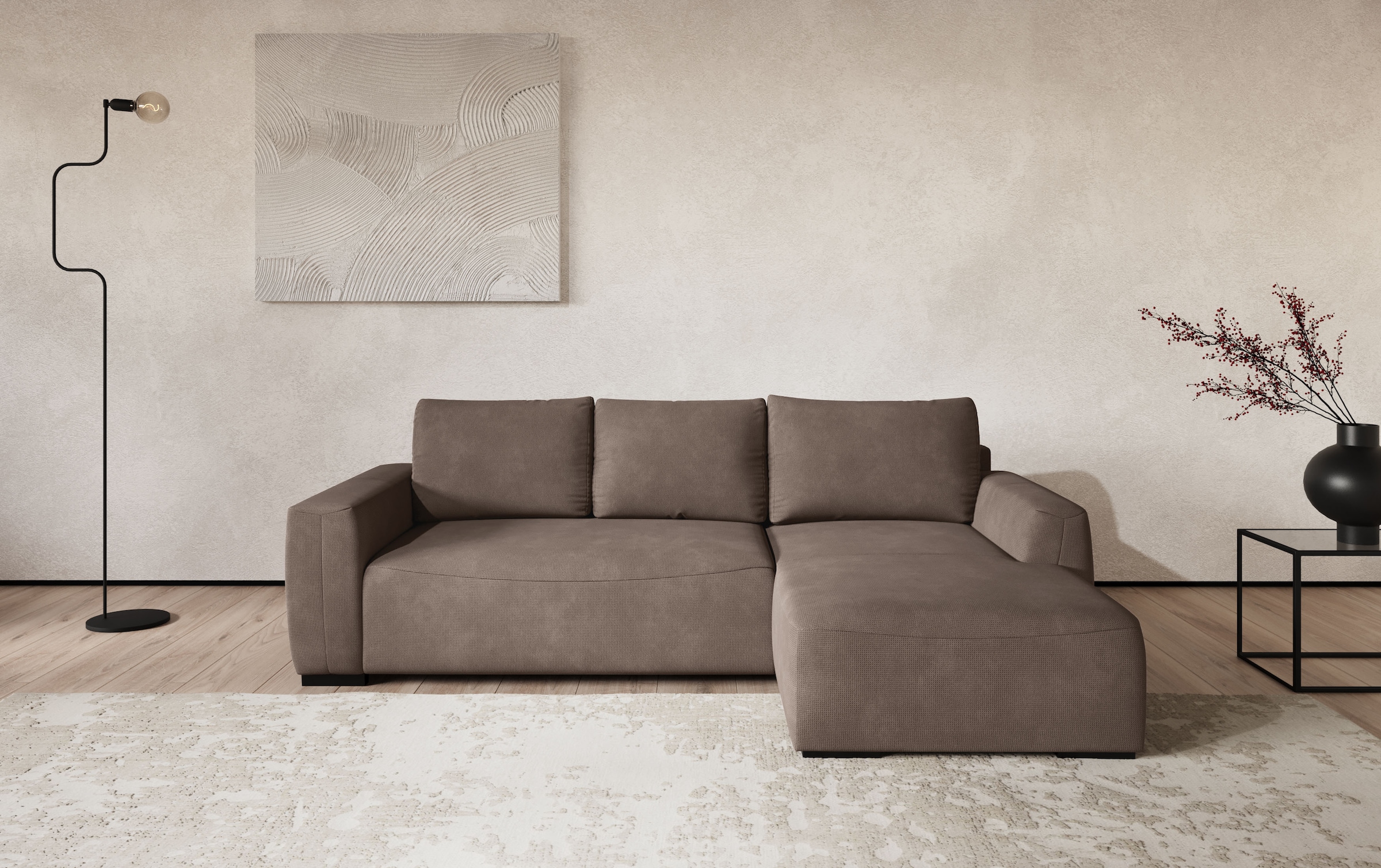 COTTA Ecksofa "Giro L-Form,B: 252 cm, abgerundete Kanten, bequeme Wellenunterfederung" +PUR Schaum, opt. Schlaffunktion + Bettkasten,LF 202x128cm Trendstoffe