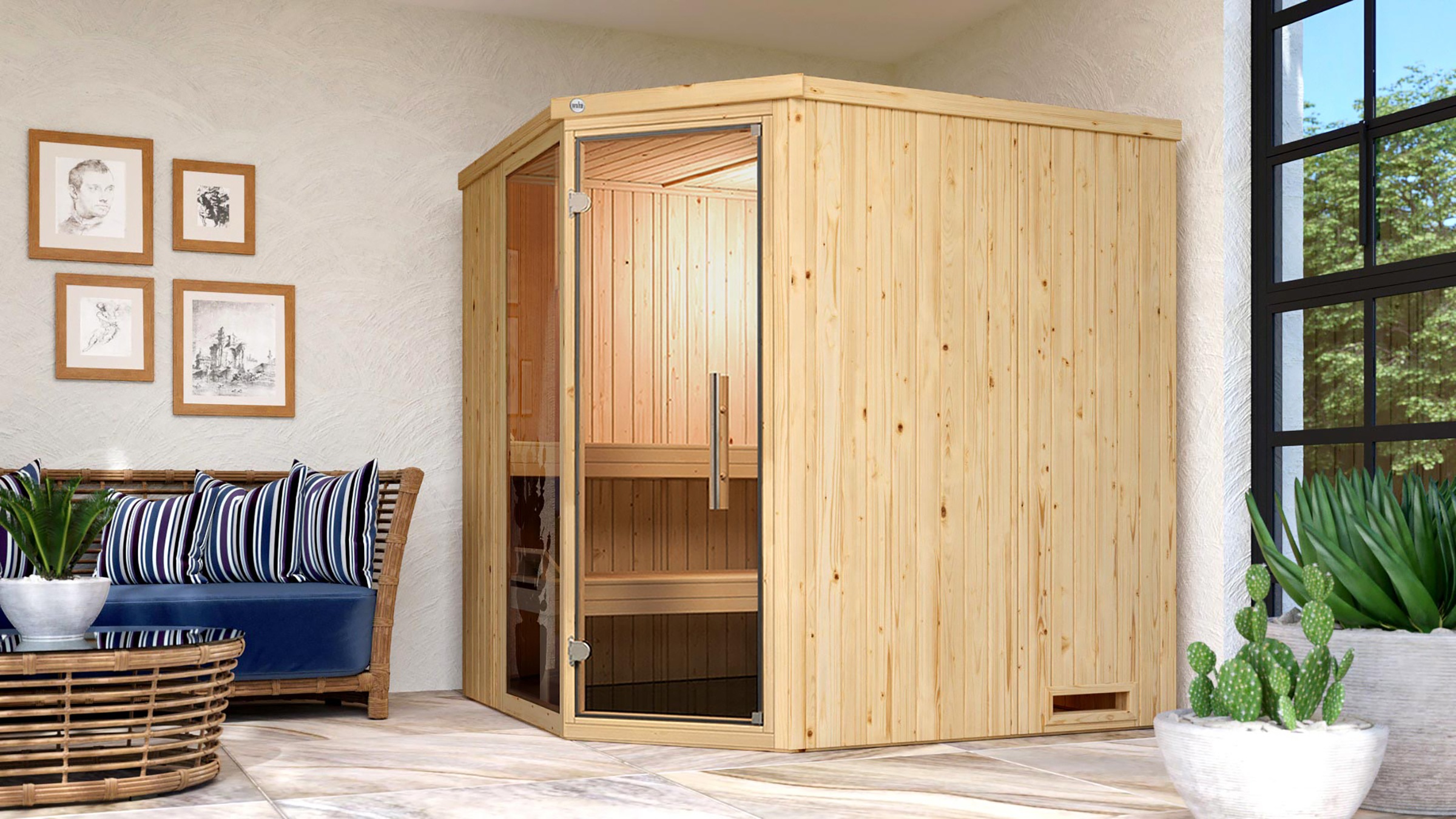 weka Sauna »Element-Ecksauna VARBERG 2«, vorgefertigte Elemente, Fensterelement, moderne Ganzglastür