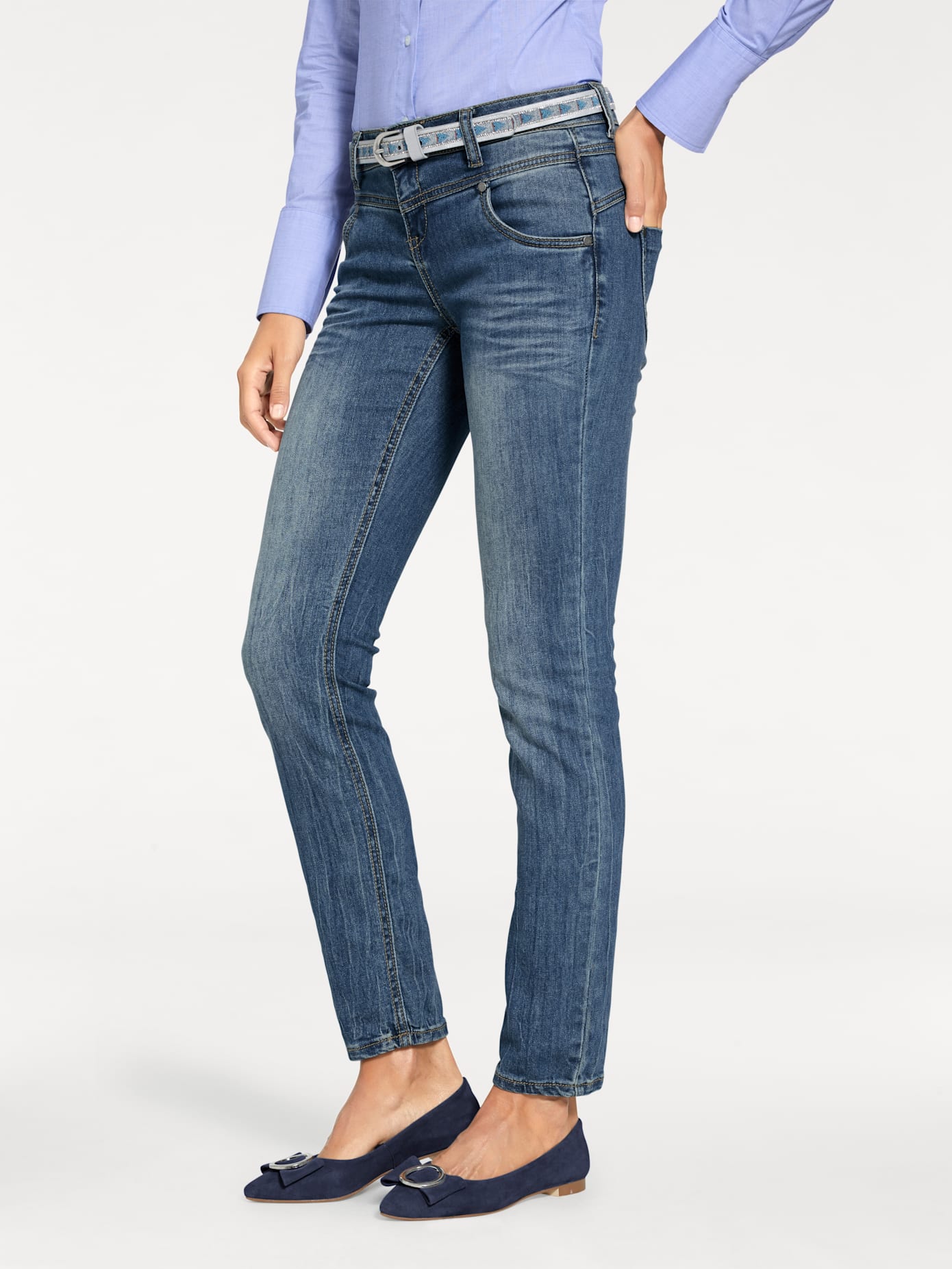 Bequeme Jeans HEINE, Damen, Gr. 20, Kurzgrößen, blau (bleached), 95% Baumwolle, 3% Polyester, 2% Elasthan, unifarben, lang, Jeans Skinny-Jeans