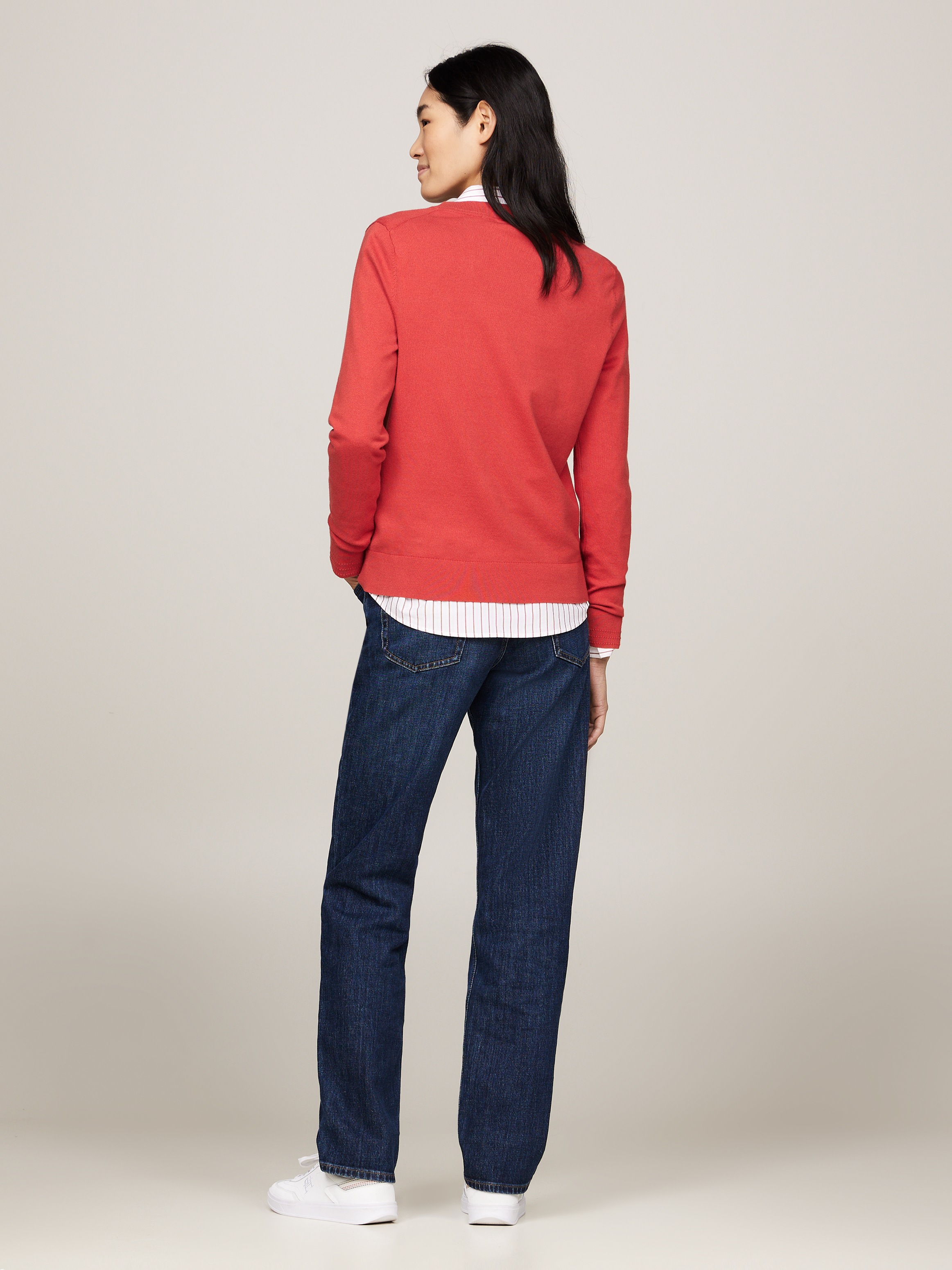 Tommy Hilfiger V-Ausschnitt-Pullover »CO JERSEY STITCH V-NK SWEATER mit V-Ausschnitt und Ripp«, unifarben, casual, regular fit, Baumwollmix, V-Ausschnitt