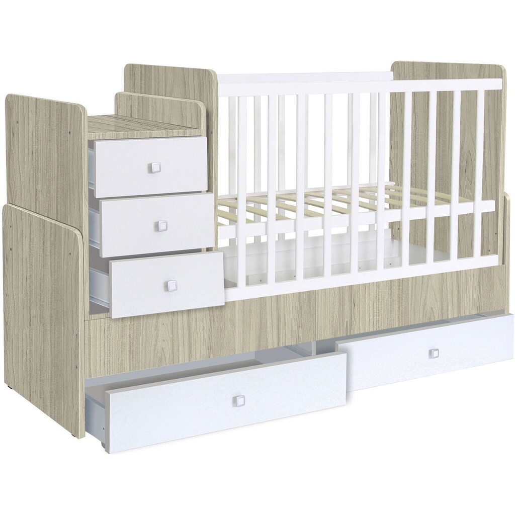 Polini kids Babybett »Simple 1100, ulme/weiß«, mit zwei Bettschubkästen und Wickelstation; umbaubar zu Juniorbett und Kommode