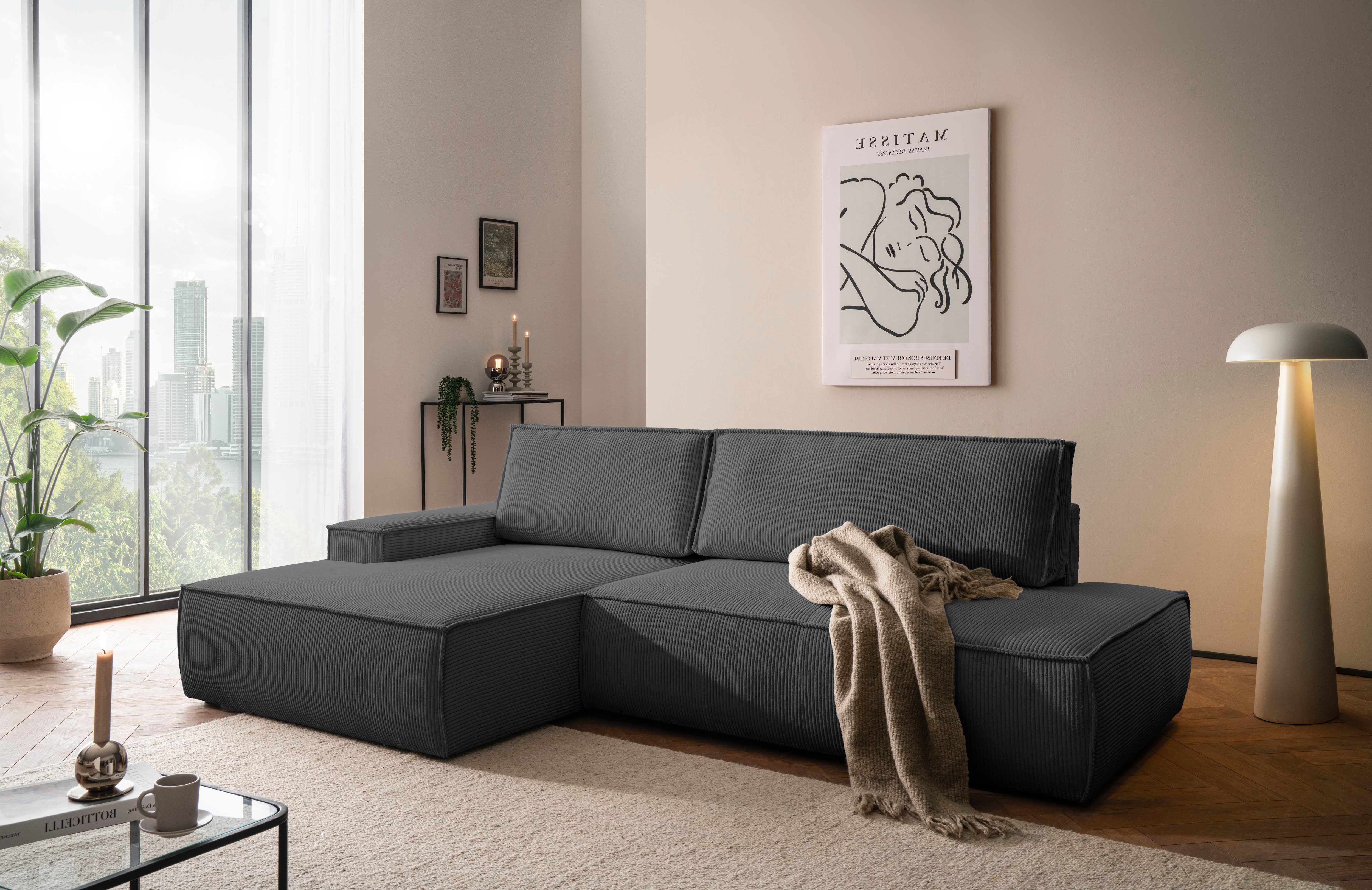 OTTO home Ecksofa "SHERWOOD Cord Schlafsofa in L-Form offen (275cm)" Schlaffunktion und Bettkasten, Kedernaht, hoher Sitz- & Liegekomfort