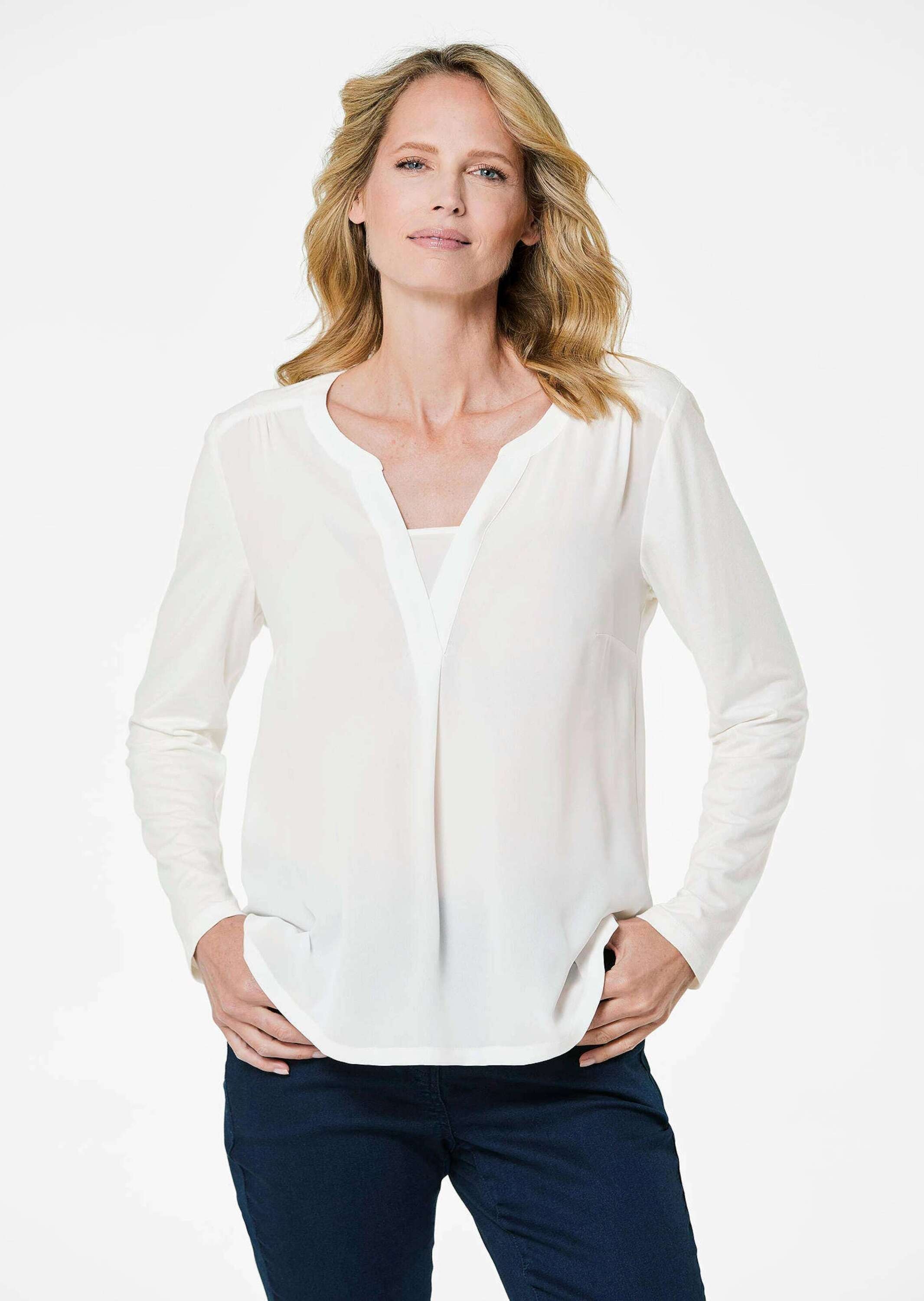GOLDNER Kurzarmbluse "Langarm Damen Unibluse mit Chiffoneinsatz und Rundhal günstig online kaufen