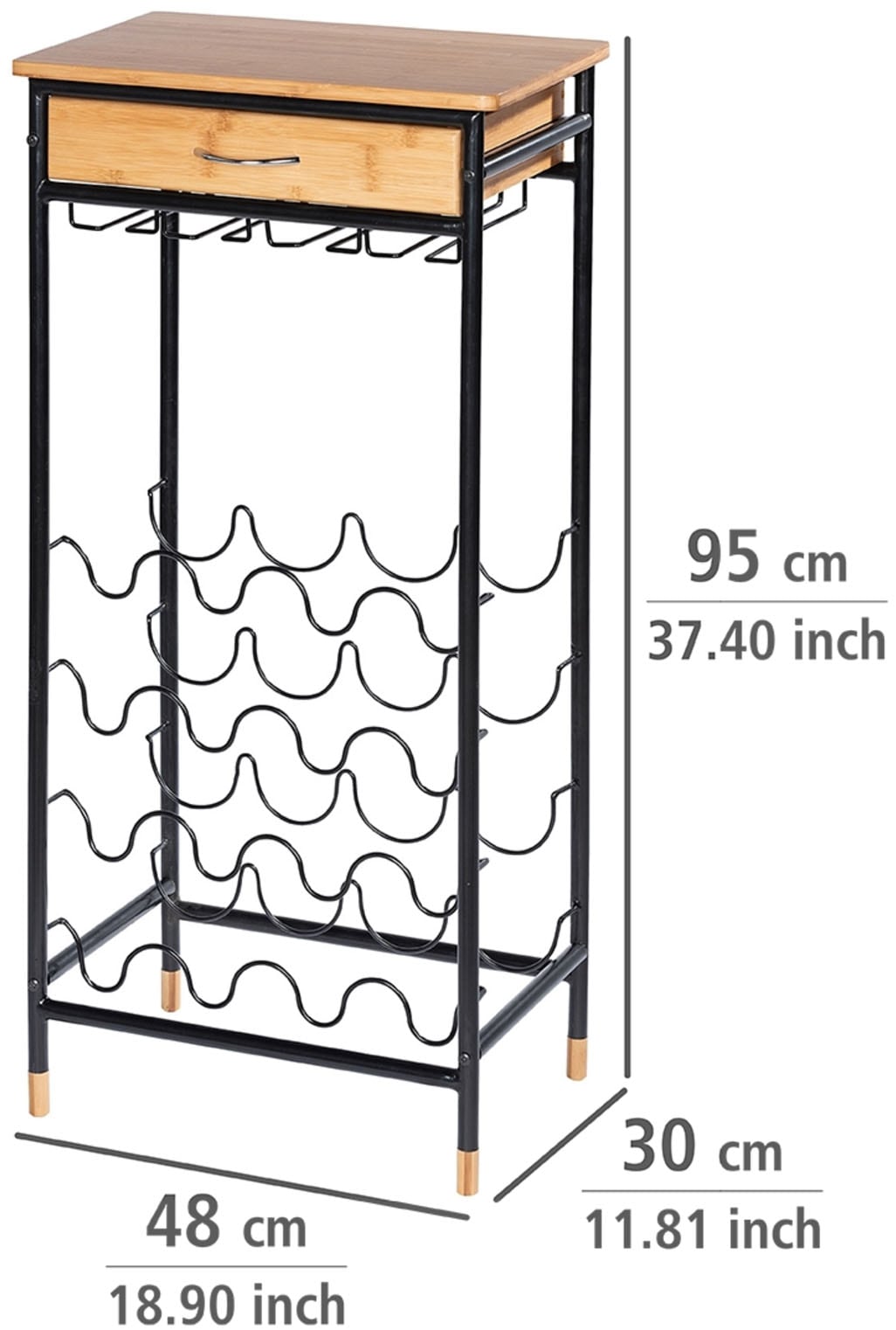 WENKO Weinflaschenhalter »Modell Loft«, Flaschenregal für 16 Flaschen mit Schublade, Metall und Bambus