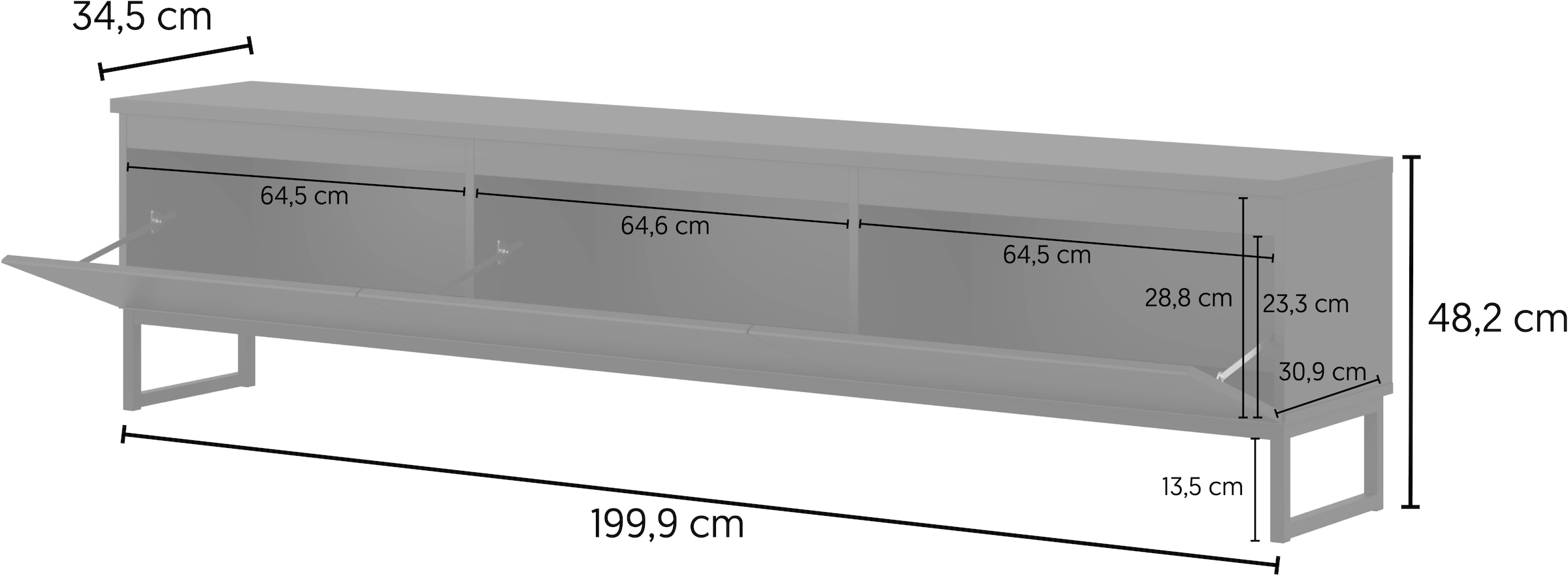 OTTO home Lowboard »Modo II, Breite 200 cm, modernes griffloses Lowboard 3 Klappen« TV-Kommode mit viel Stauraum, Metallkufen