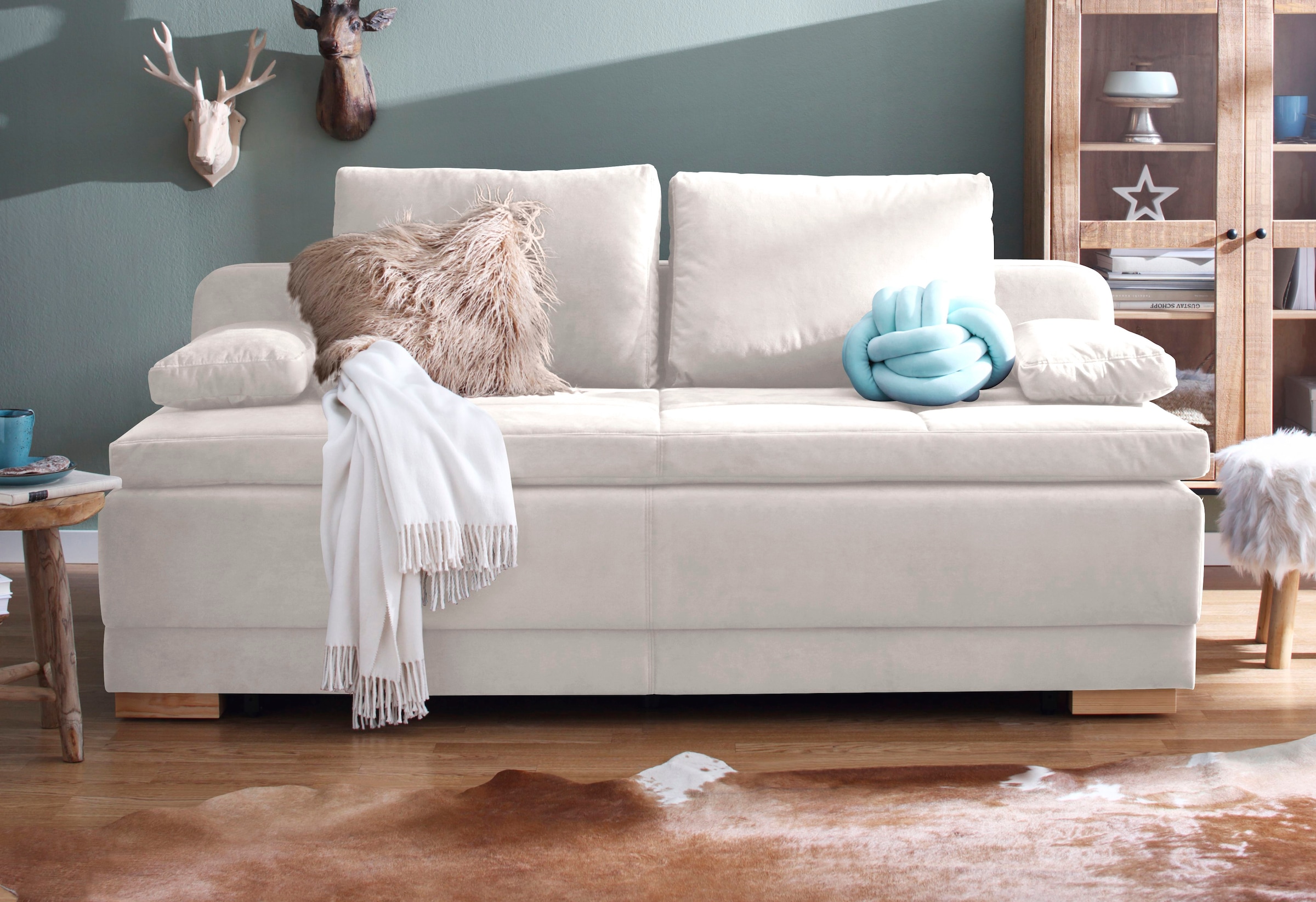 OTTO home Schlafsofa "Berlin, B: 202 cm, Liegefl. 158x200 cm, Boxspring-Dauerschlafsofa" Schlaffunktion, Bettkasten & 2 Zierkissen, Gästebett