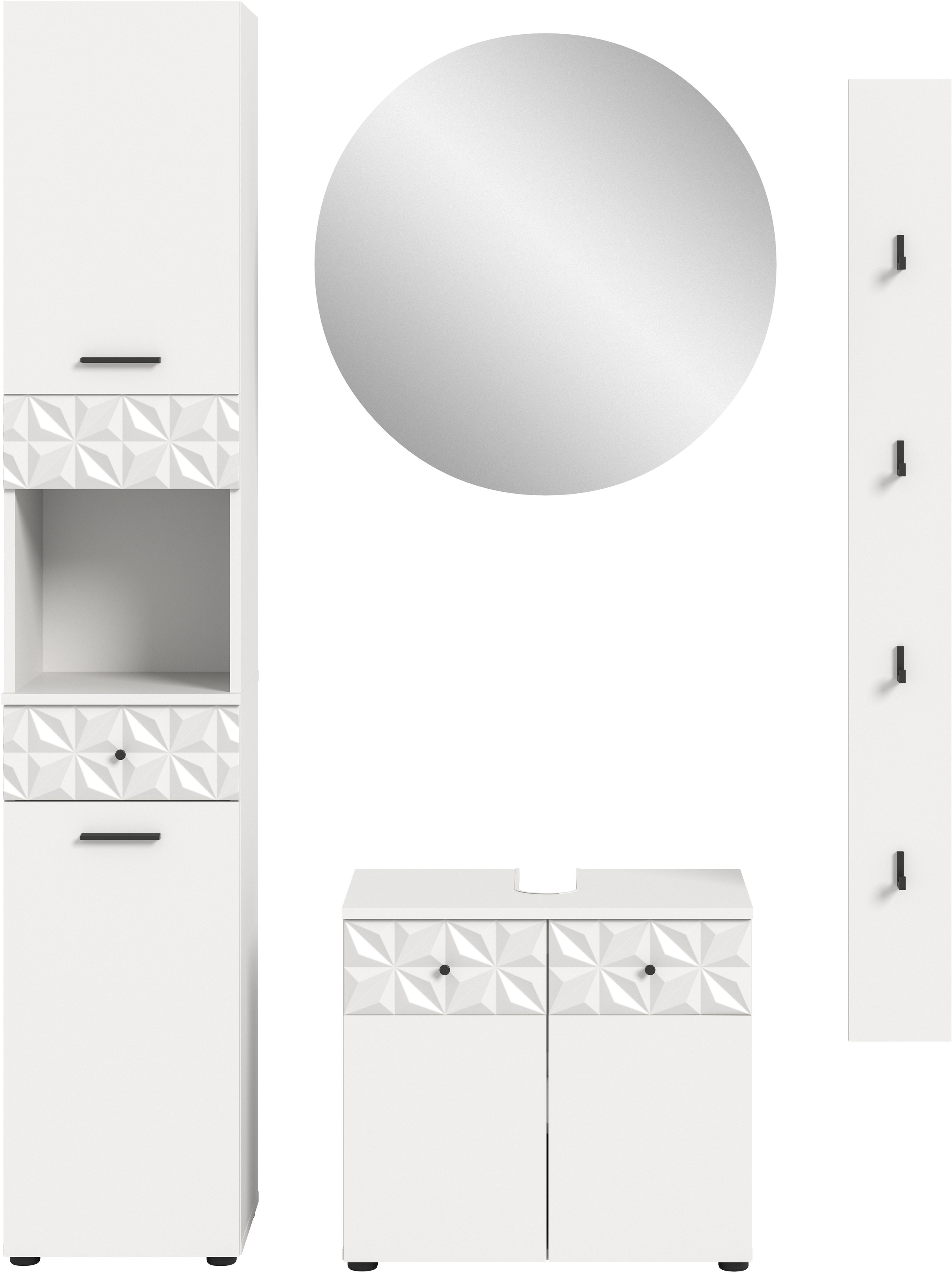 INOSIGN Badezimmer-Set »VICENZA, TOPSELLER!, Breite 141cm, 4-teilig, mit Ornamentabsetzung«, (Hochschrank, Waschbeckenunterschrank, Spiegelschrank und Hakenleiste), Hochschrank, Waschbeckenunterschrank, Spiegelschrank und Hakenleiste