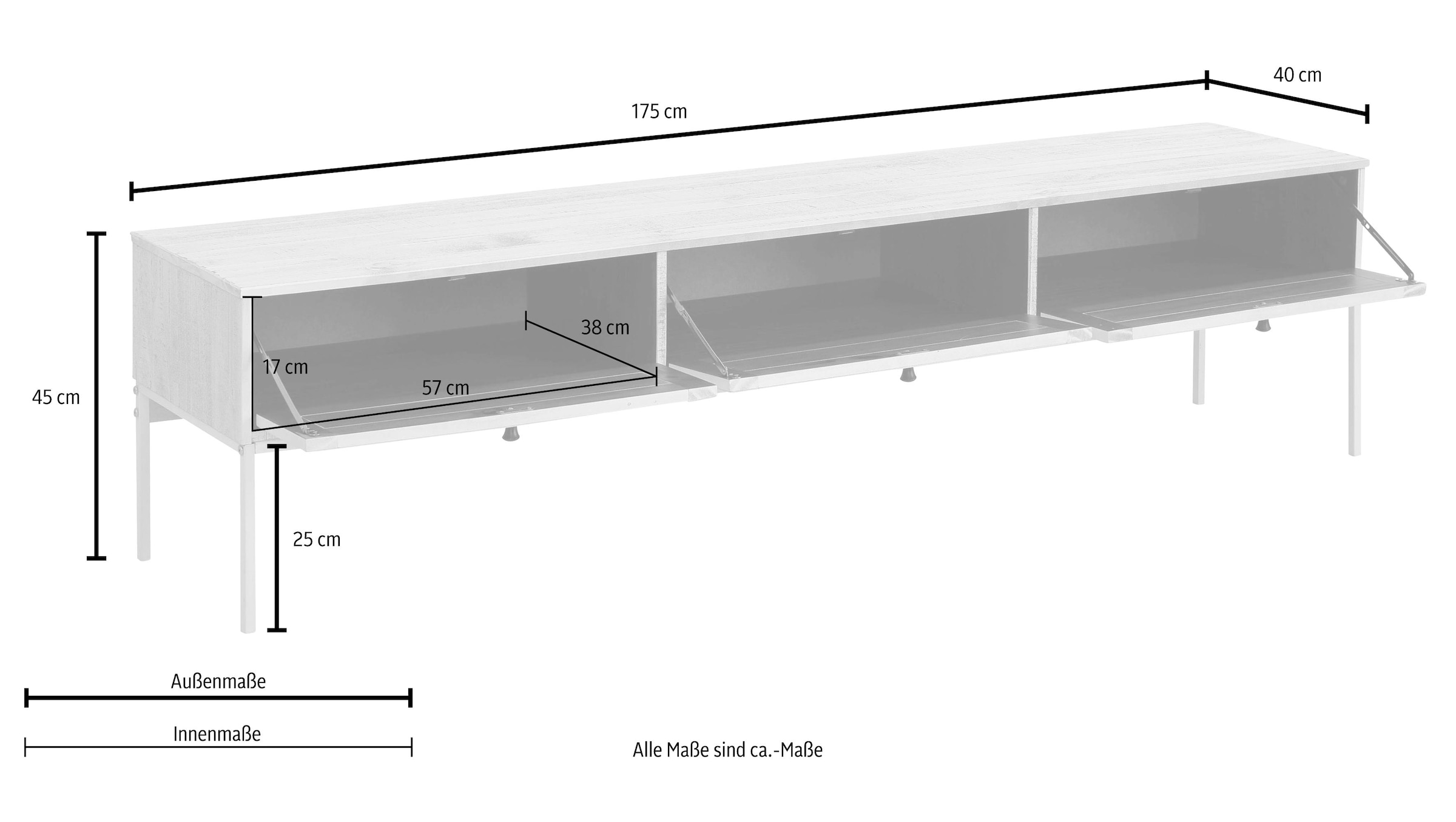 Home affaire Lowboard »Freya«, mit 3 Klappen, Metallgriffen, aus Massivholz, Breite 175 cm