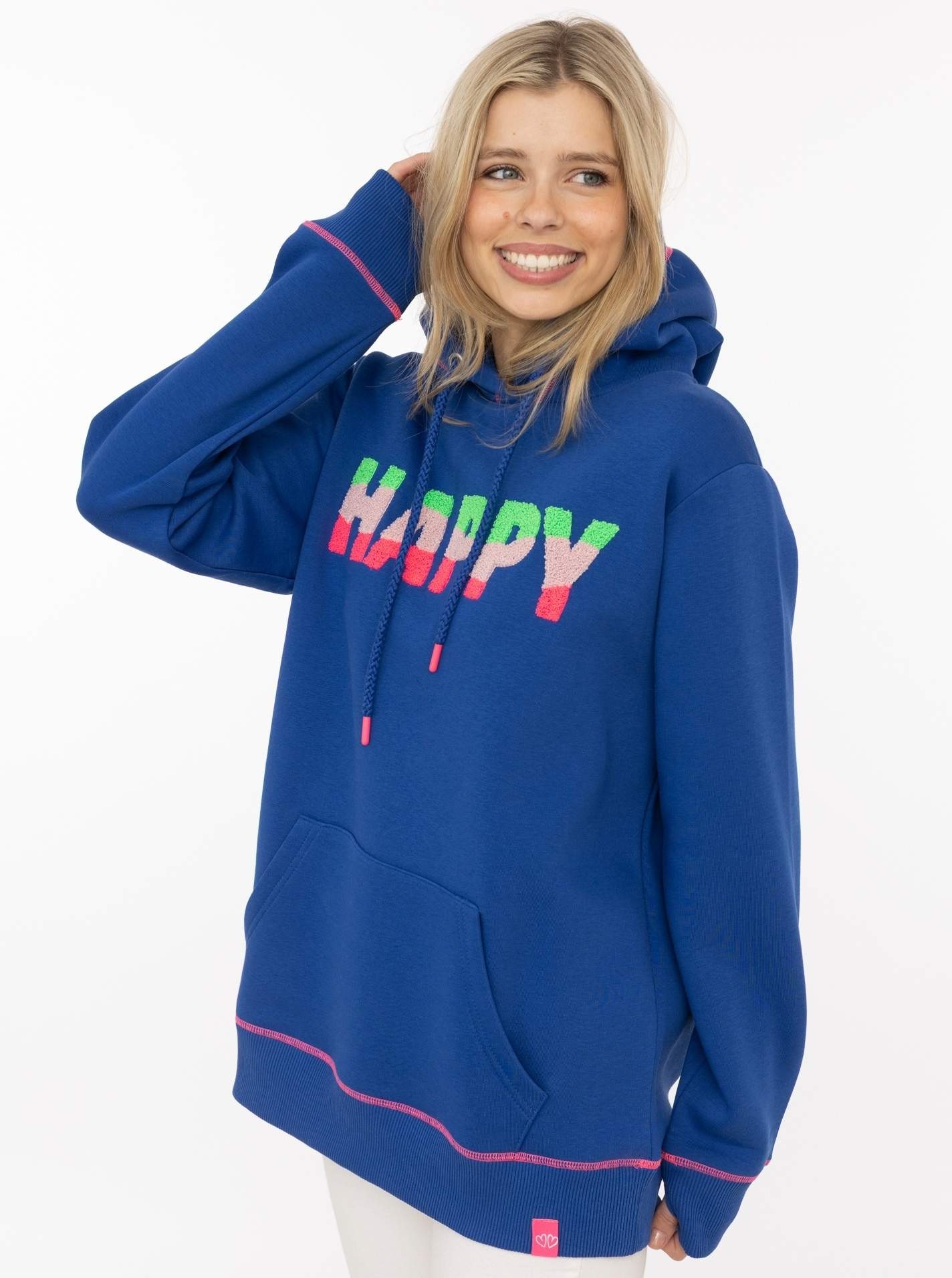 Zwillingsherz Hoodie ""HAPPY"", bunter Schriftzug aus Frottee, Kapuze mit Kordel, Kängurutasche