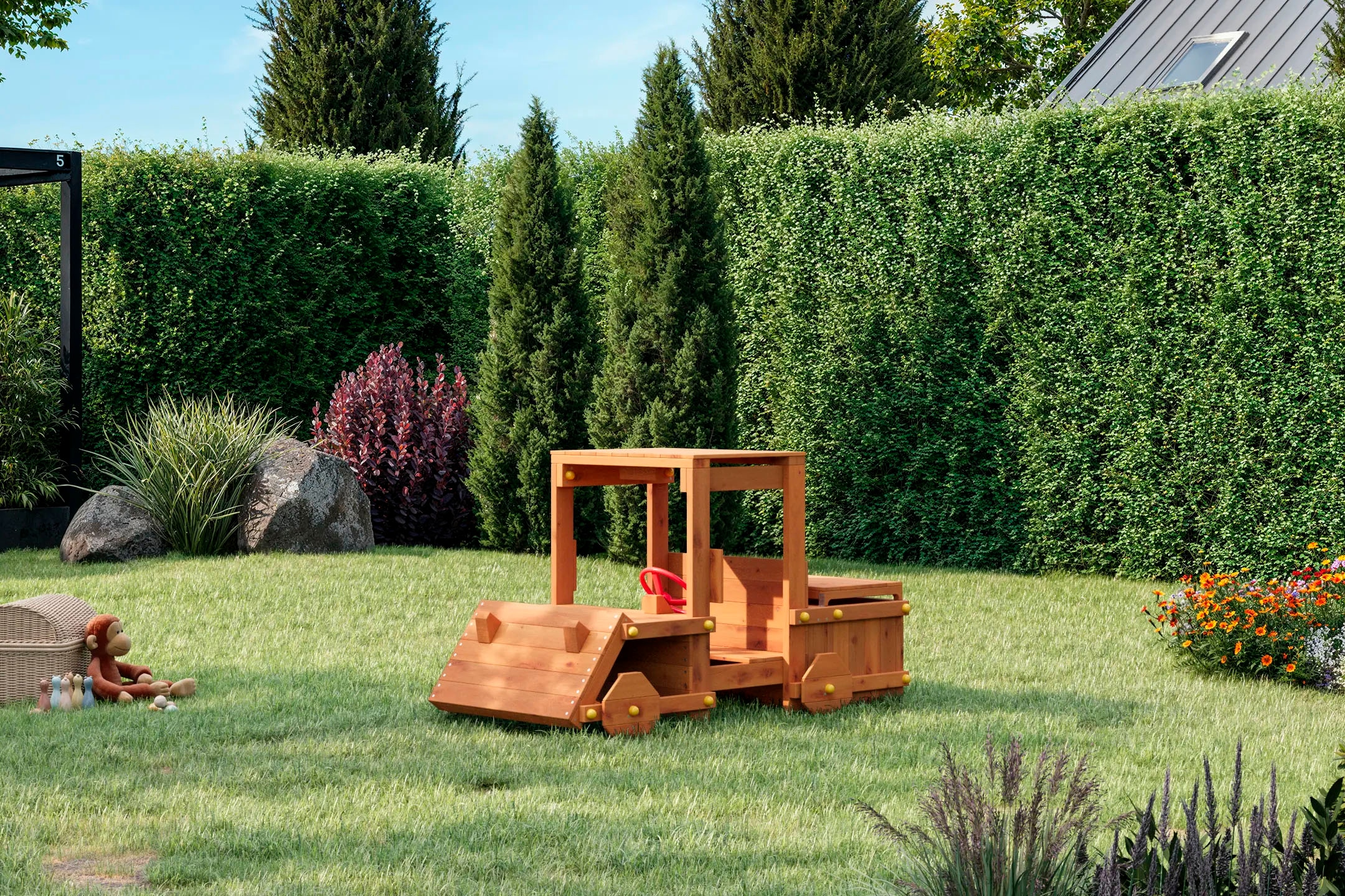 FUNGOO Spielturm »Garden Buggy, Spielgerät mit kreativem Autokofferraum und Holzdach«, Made in Europe