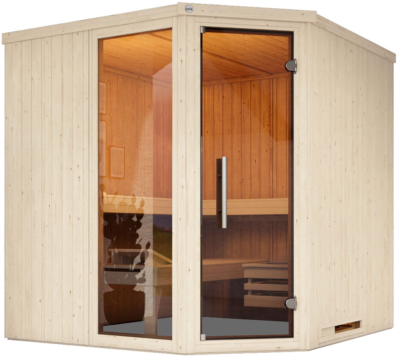 weka Sauna "Element-Ecksauna VARBERG 3", vorgefertigte Elemente, moderne Ganzglastür, bodenl. Fensterelement