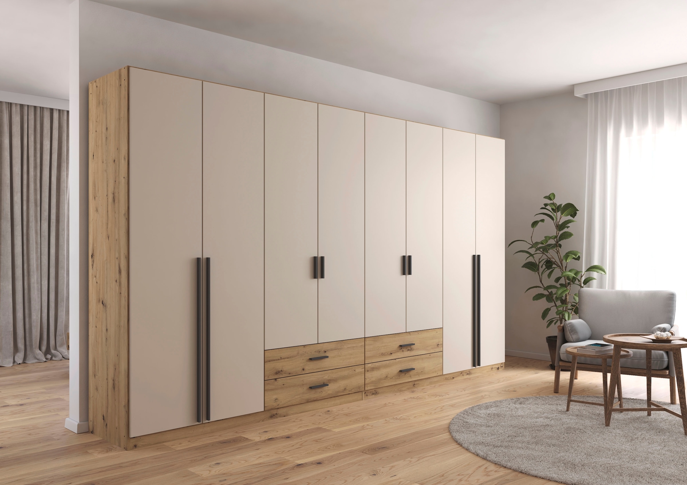 rauch Drehtürenschrank "Kleiderschrank Garderobe GAMMA Breiten 360 cm" in 3 Ausstattungen BASIC/CLASSIC/PREMIUM (inkl. SOFT-CLOSE-Funktion), mit Schubladen, verschiedene Griff-Varianten TOPSELLER MADE IN GERMANY