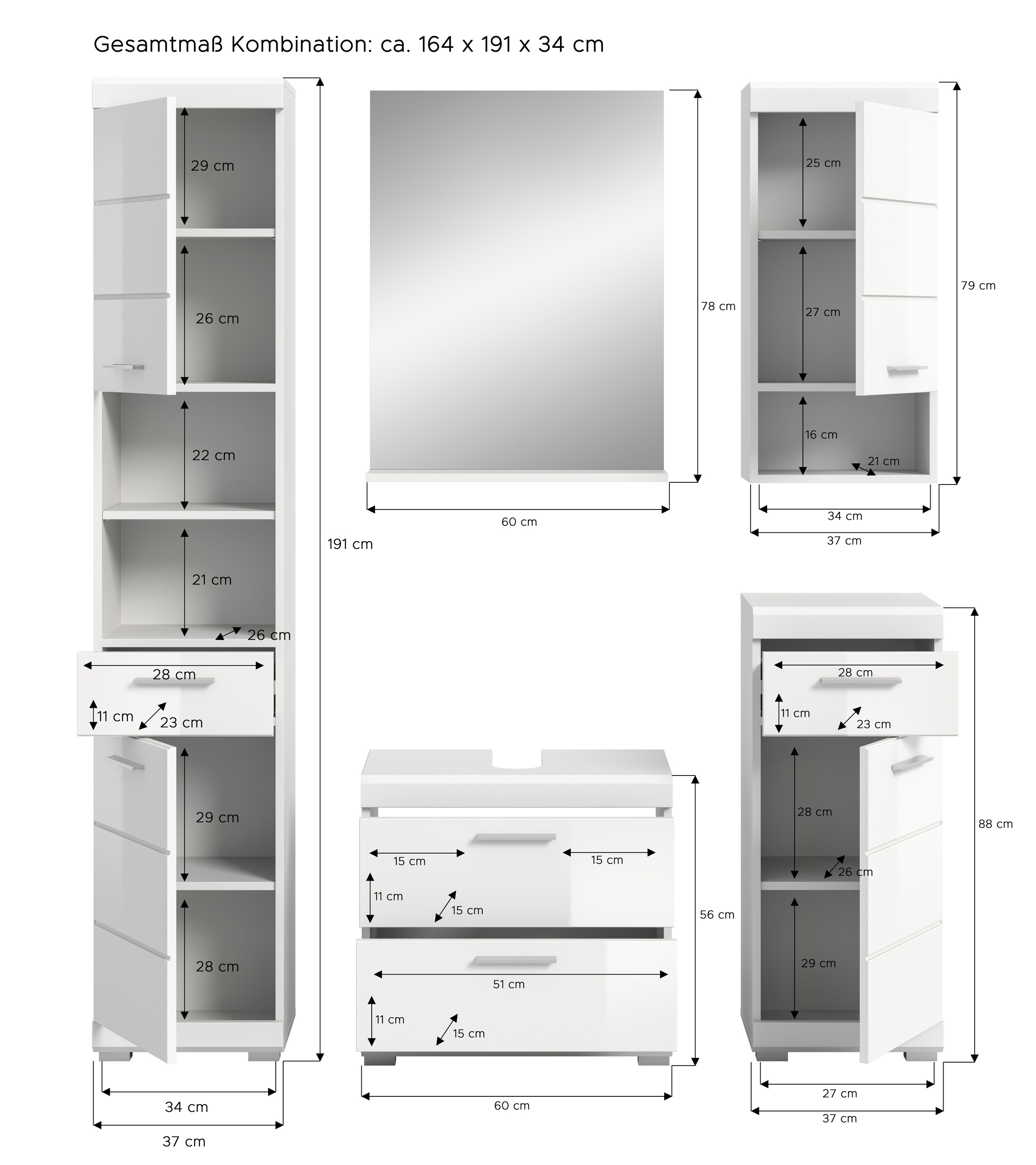 INOSIGN Badmöbel-Set »Siena, 5 teilig, bestehend aus:«, (Set, 5 St.), Hochschrank, WBU, Spiegel, Unterschrank, Hängeschrank