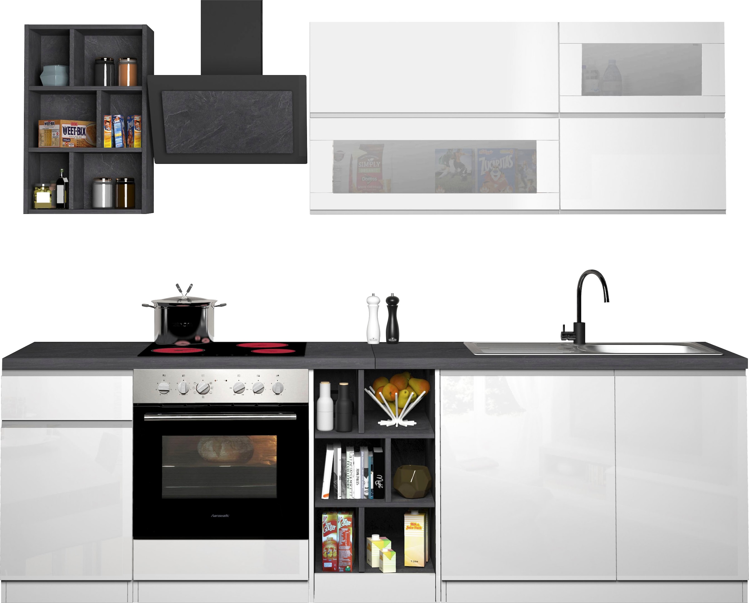 KOCHSTATION "KS-Sole" Breite 256 cm, Hängeschränke mit Milchglas, ohne E-Ge günstig online kaufen