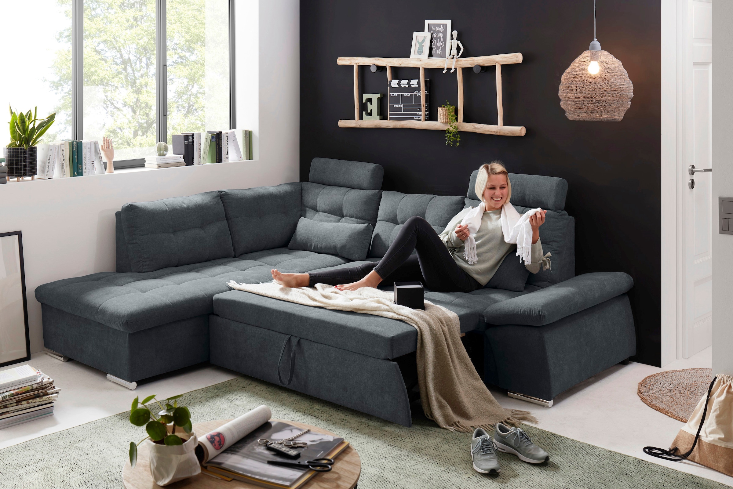 ED EXCITING DESIGN Ecksofa »Nalo L-Form«, mit Bettfunktion, Armteilverstellung, Kopfstützen & 2 Nierenkissen