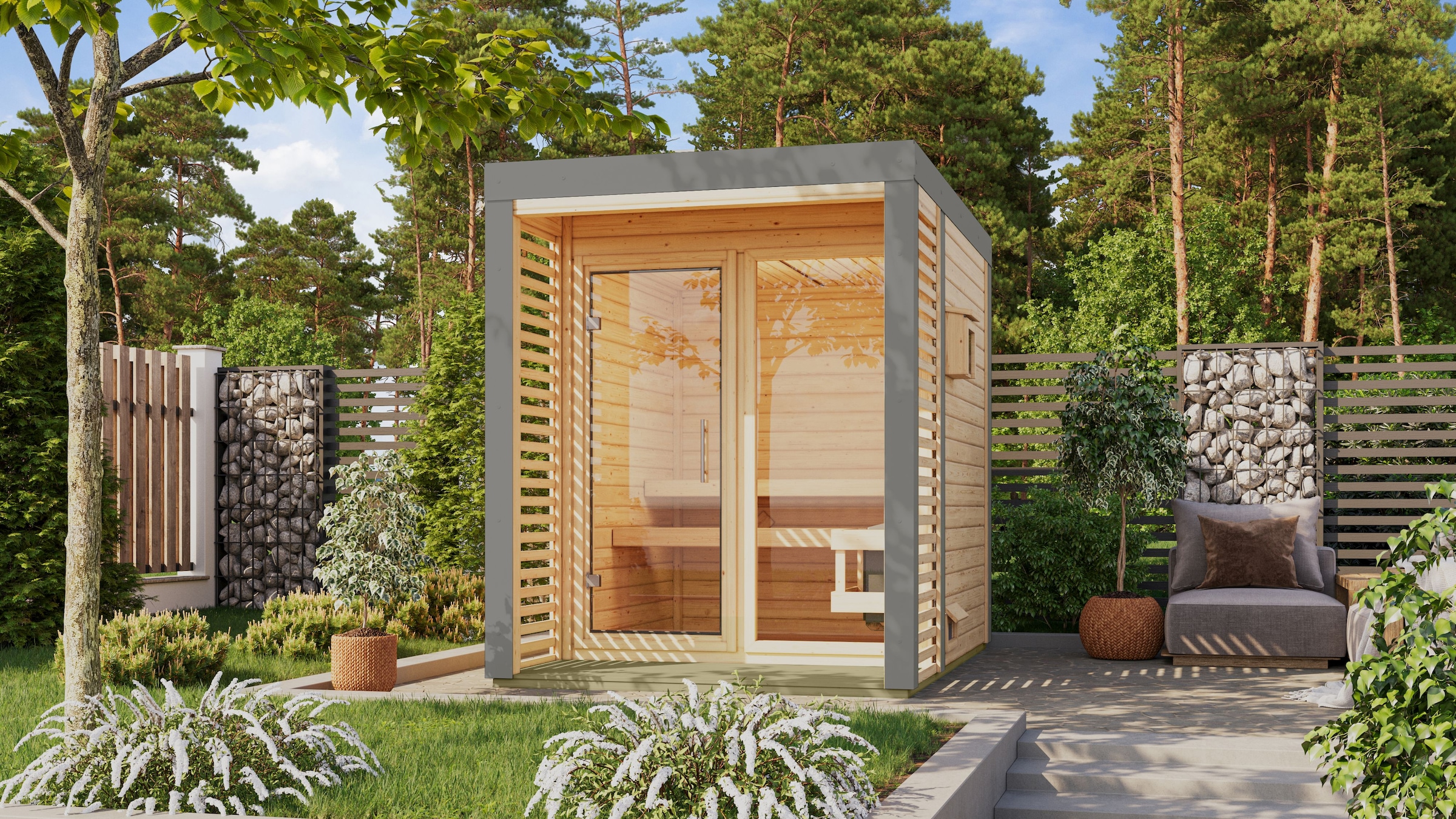 KARIBU Saunahaus ""Adrian 1" naturbelassen-graualuminium", Bio-Kombiofen, externe Steuerung, 400 kW, beige, Garten, Saunen, Nordischer