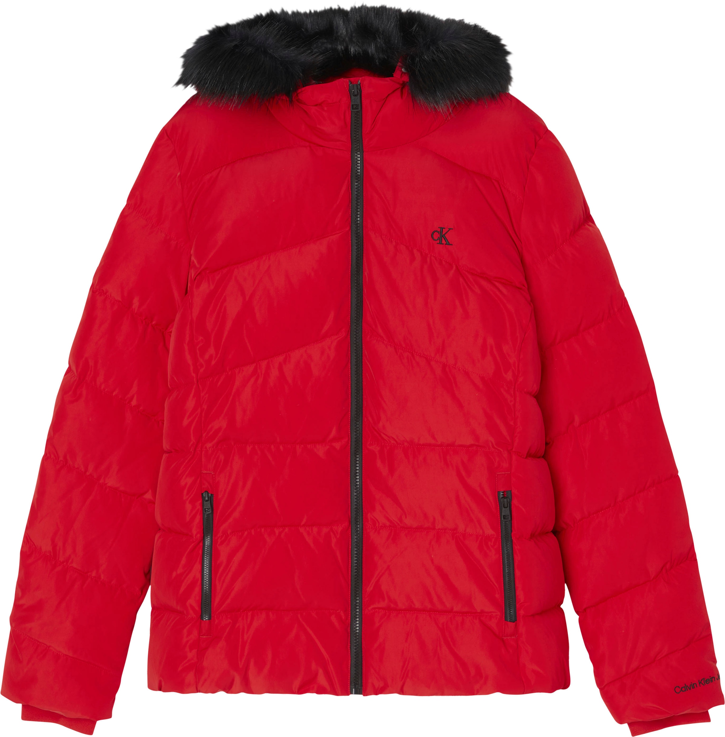 Calvin Klein Jeans Outdoorjacke »FAUX FUR MW FITTED SHORT PUFFER«, mit Kapuze, mit abknöpfbarem Fellimitat an der Kapuze