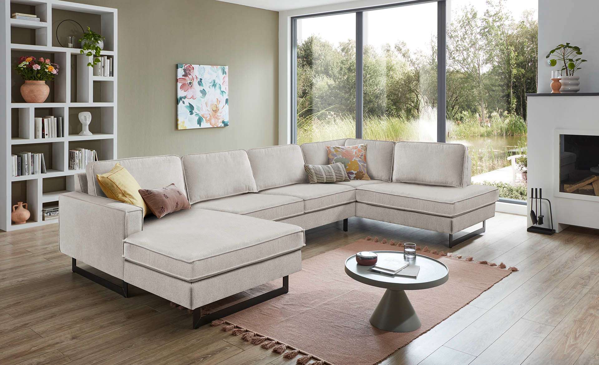 OTTO home Wohnlandschaft "Pinto, 350 cm, U-Form, XXL, mit Ottomanen" Cord, Chenille, Lederoptik, mit Keder, Metallfüße, Wellenunterfederung