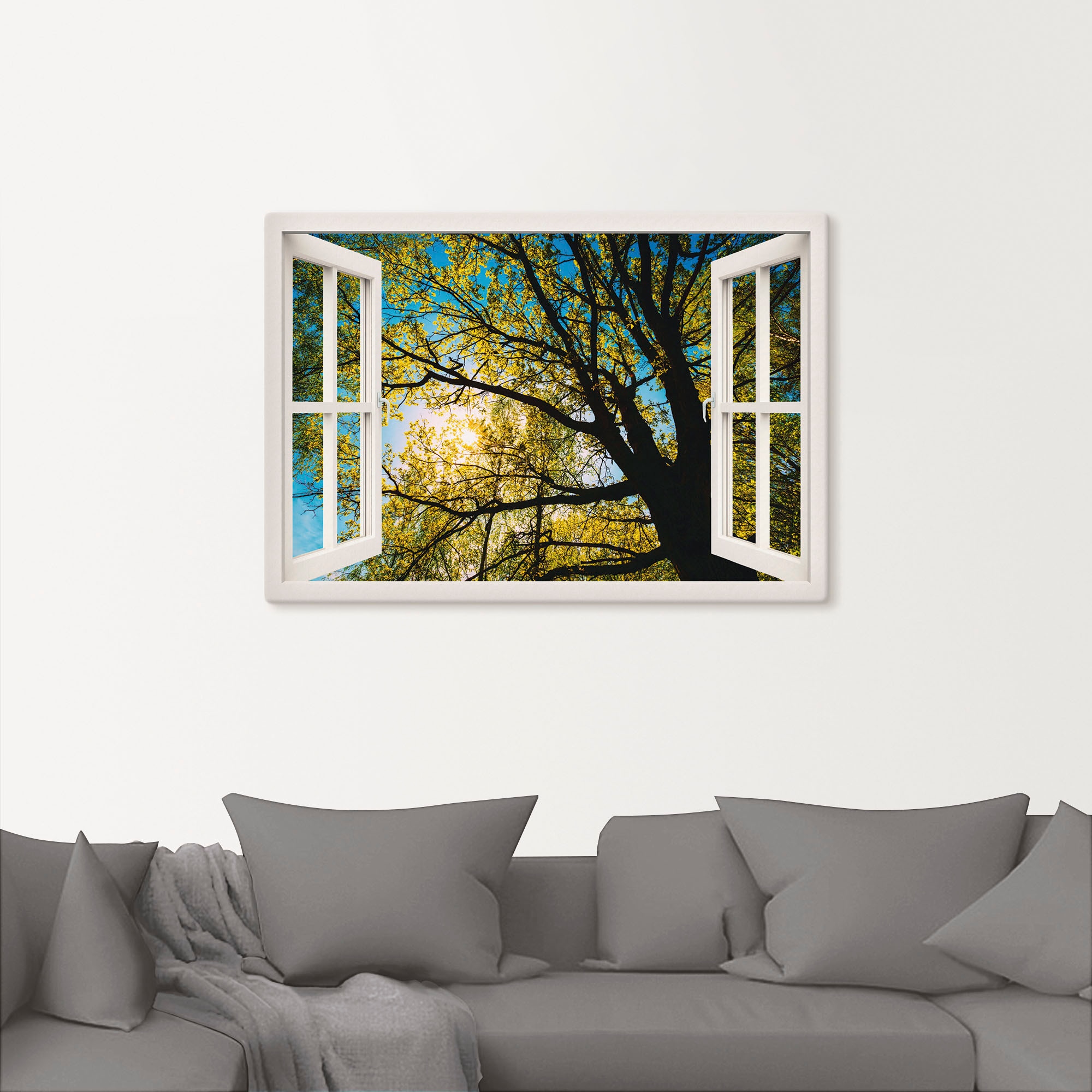 Artland Wandbild »Fensterblick Frühlingssonne Baumkrone«, Bäume, (1 St.), als Leinwandbild, Poster in verschied. Größen