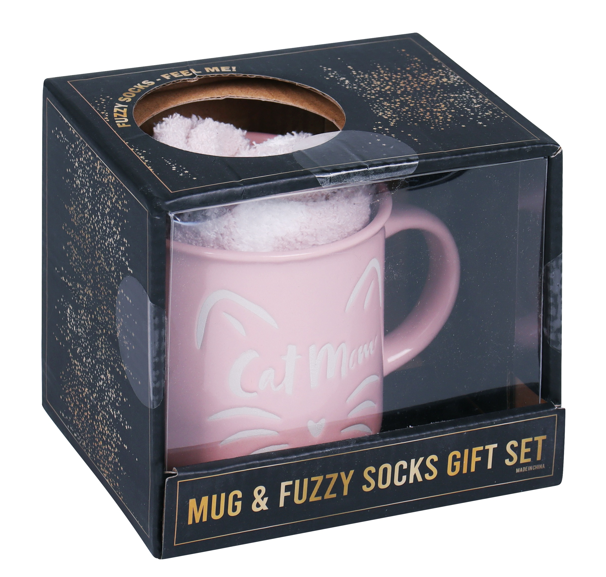 Capelli New York Kuschelsocken, (1 Tasse und 1 Paar Socken), Geschenkset mit rosanen Kuschelsocken und pinker "Cat Mom" Tasse