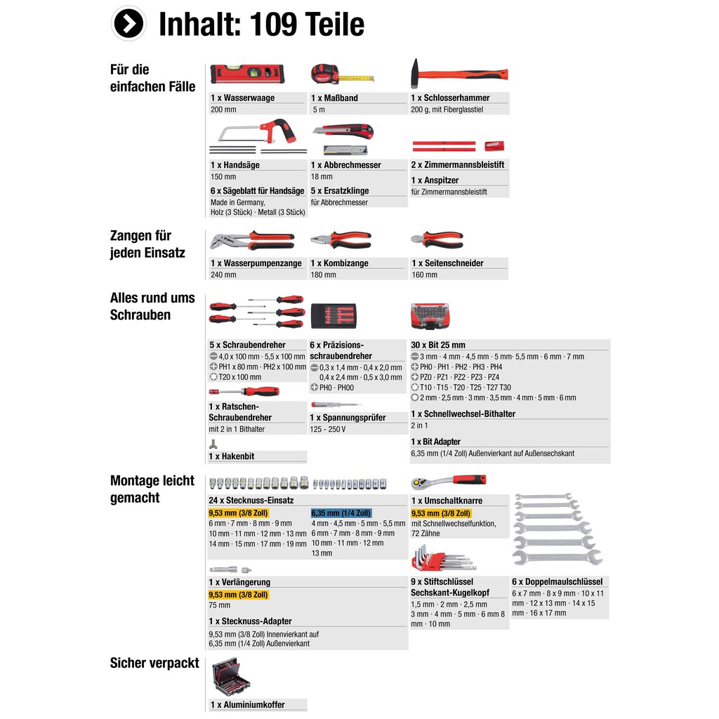 meister Werkzeugset »Profi Werkzeugkoffer / 8971490«, 109-teilig, stabiler Alu-Koffer für Haushalt, Garage & Werkstatt