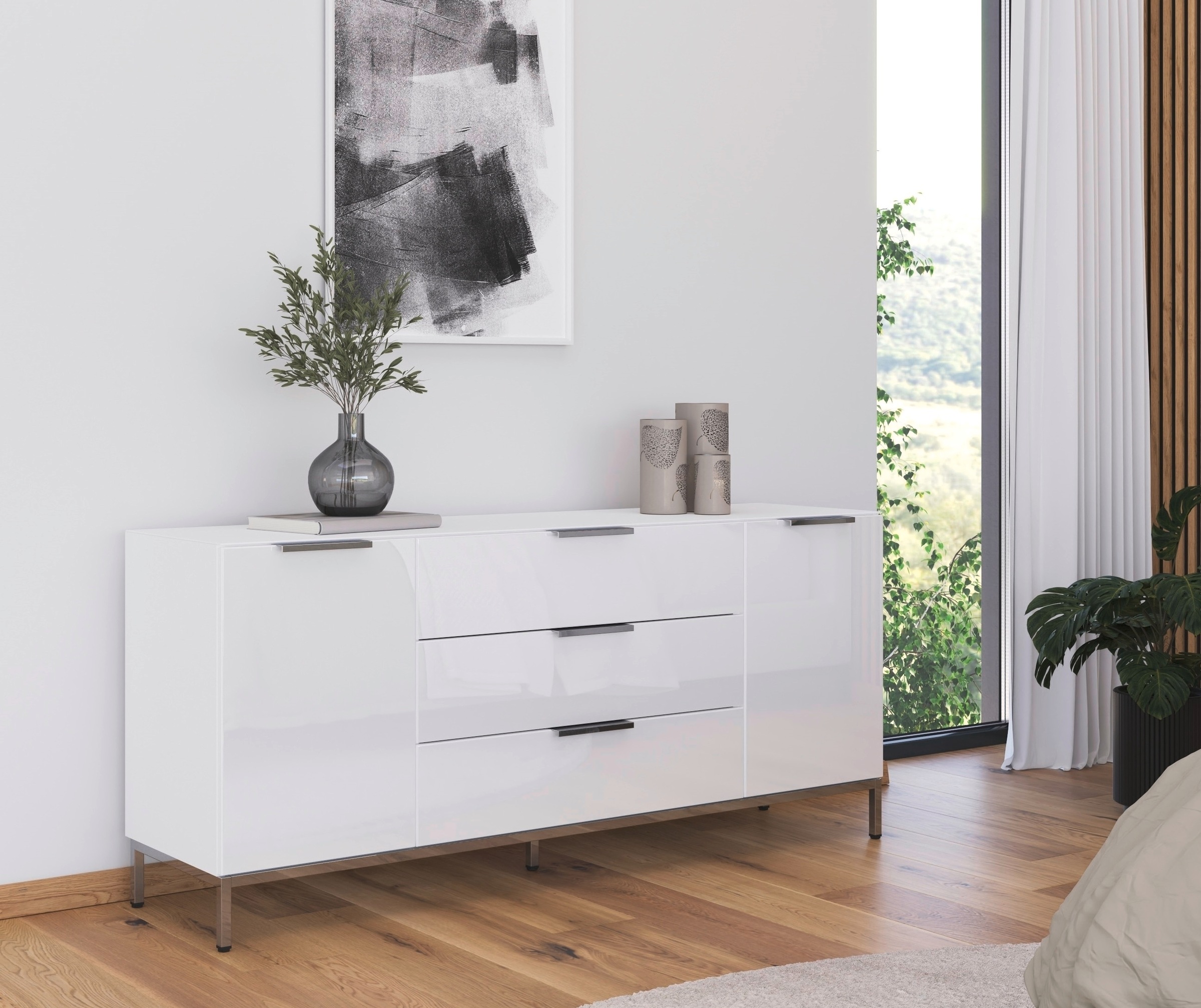 rauch Kombikommode »Kommode Türkommode Sideboard Kombikommode FLIPP mit Glasfront«, (Breite 160 cm mit 2 Einlegeböden), 2-türig, 3 Schubladen, Soft-Close-Funktion, Oberboden und Front Glas