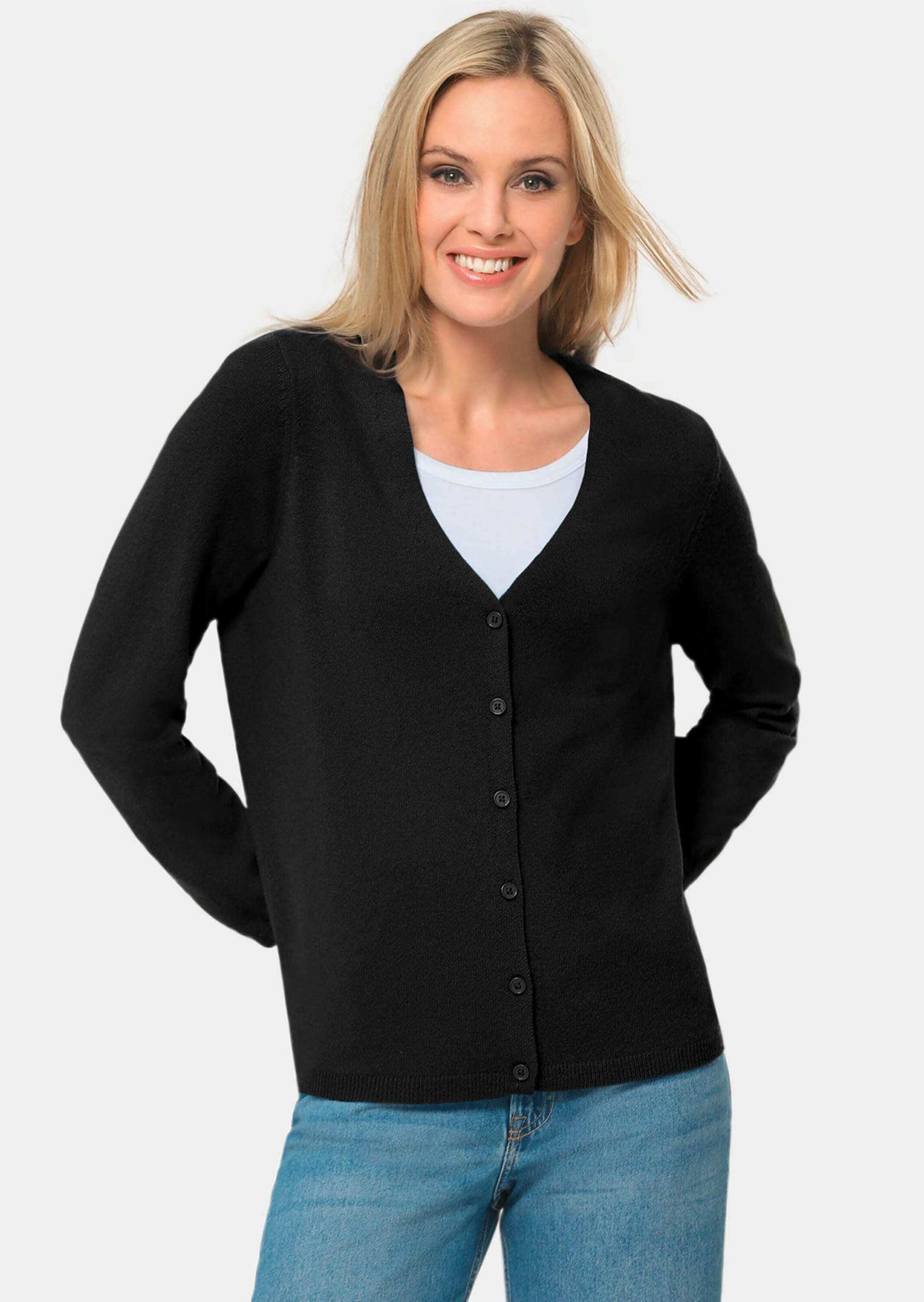 Strickjacke GOLDNER "Weiche Kaschmirstrickjacke mit V-Ausschnitt", Damen, Gr. 46, blau (aqua), Obermaterial: 100% Kaschmir WS., Rippe, Strickjacken Strickjacke, Ohne 3