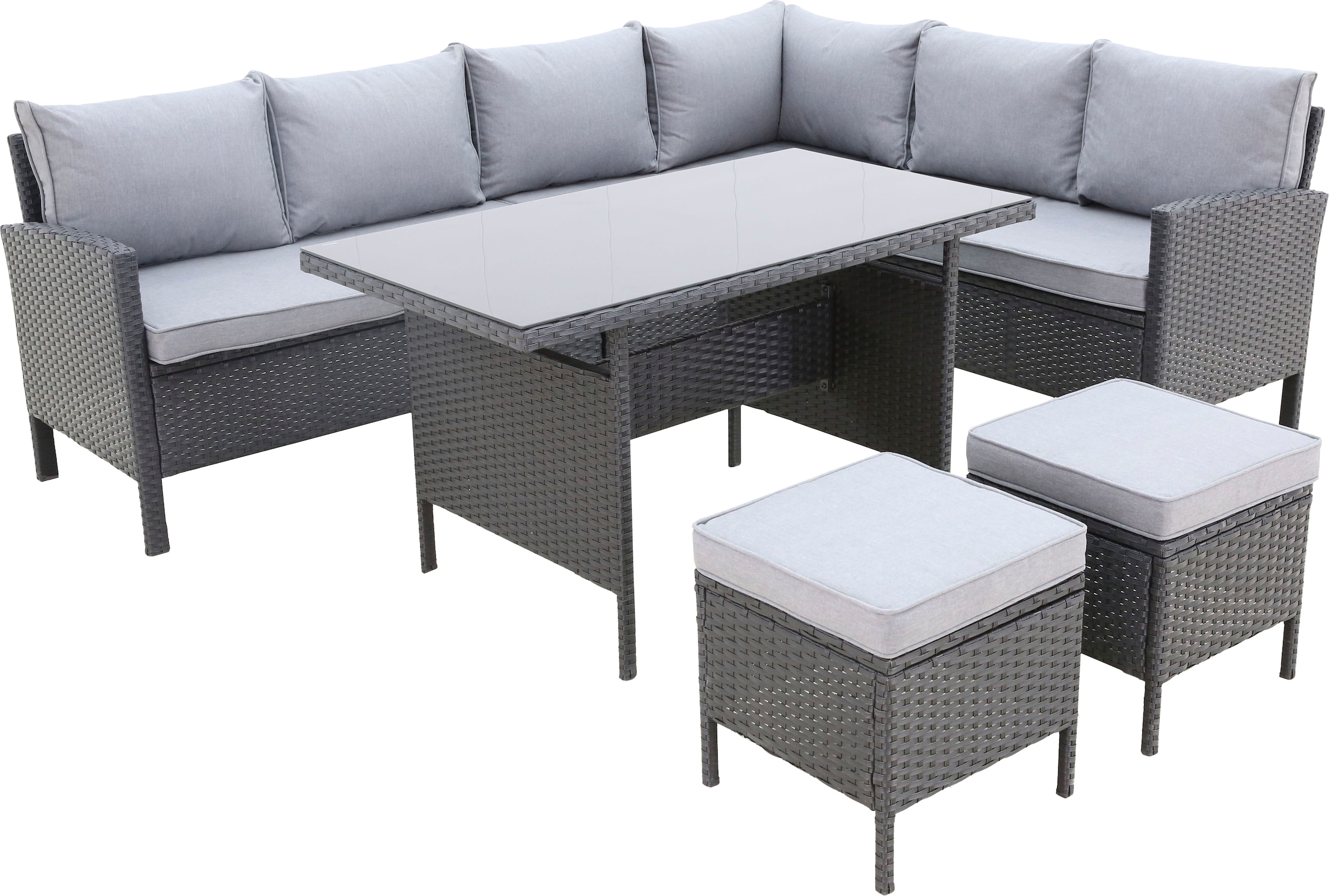 KONIFERA Gartenlounge-Set »»Manhattan««, (Set, 18 tlg., Ecklounge, Tisch 66x120x74 cm, 2 Hocker, inkl. Auflagen), Stahl/Polyrattan