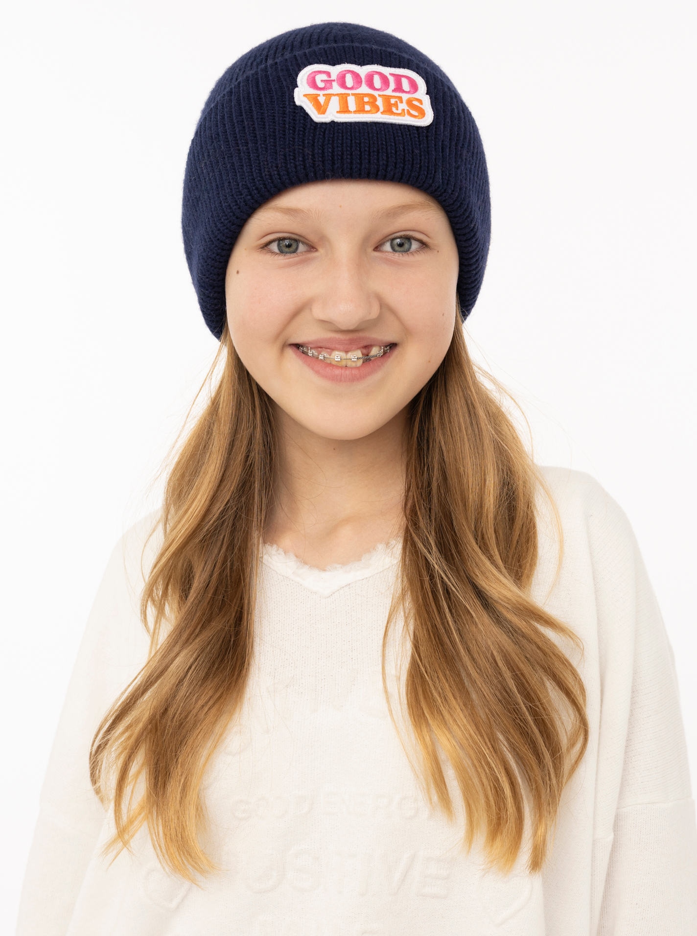 Zwillingsherz Beanie »"Good Vibes"-KIDS« Patch in Neon, breiter Umschlag, gerippt, mit Wollanteil